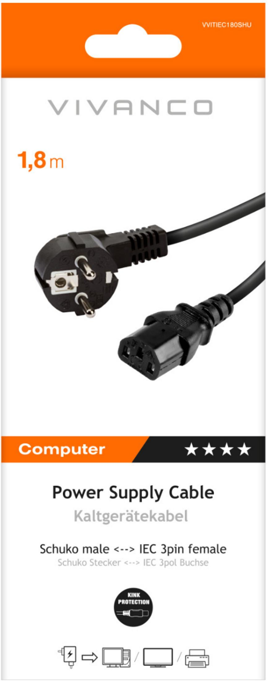 Cable de alimentación Vivanco de 1,8m con enchufe Schuko y conector IEC en su empaque.
