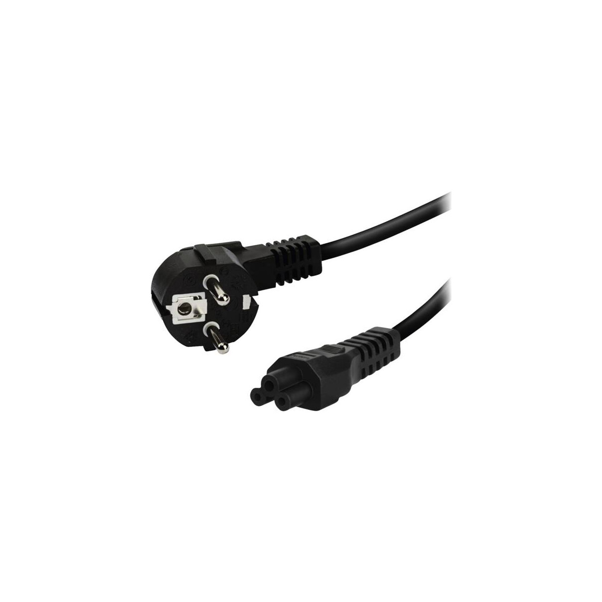 Un cable de alimentación negro con enchufe Schuko y conector C5 de tres clavijas sobre fondo blanco.