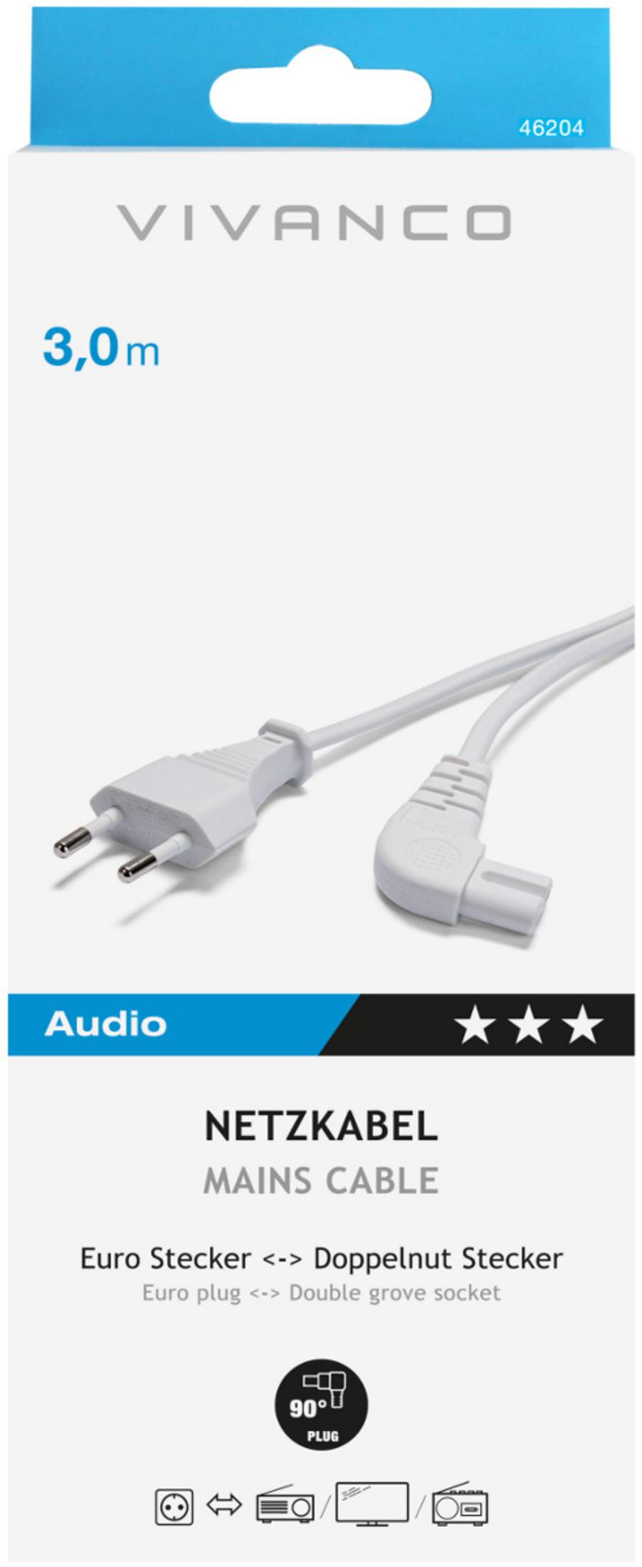 Cable de alimentación Vivanco de 3,0 m en embalaje blanco, con enchufe europeo y conector acodado.