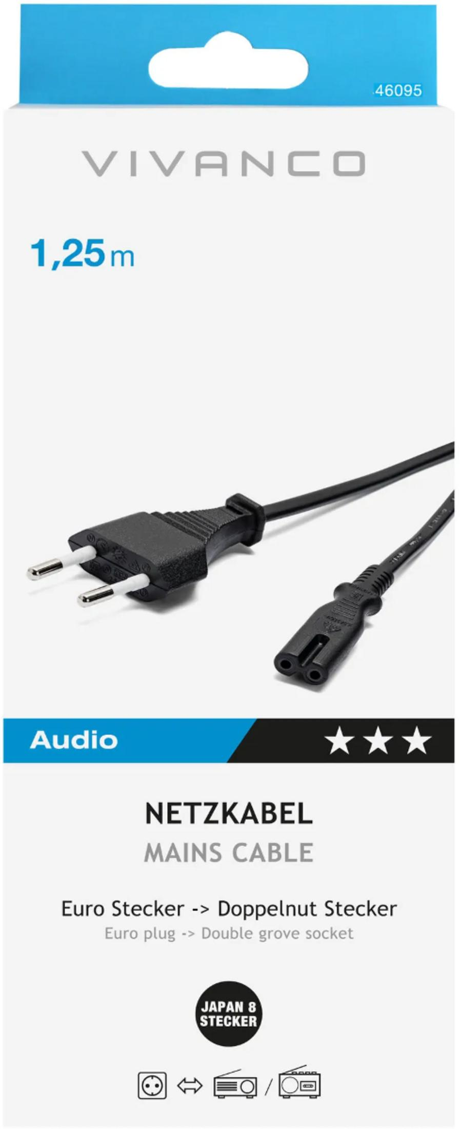 Embalaje de cable de red Vivanco de 1.25m con enchufe europeo y conector.