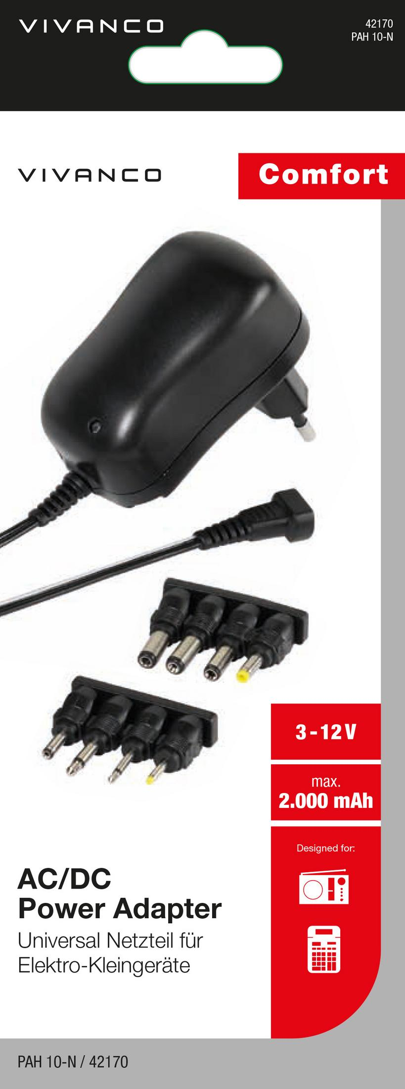 Adaptador de corriente AC/DC Vivanco en embalaje con varios enchufes y detalles rojos.