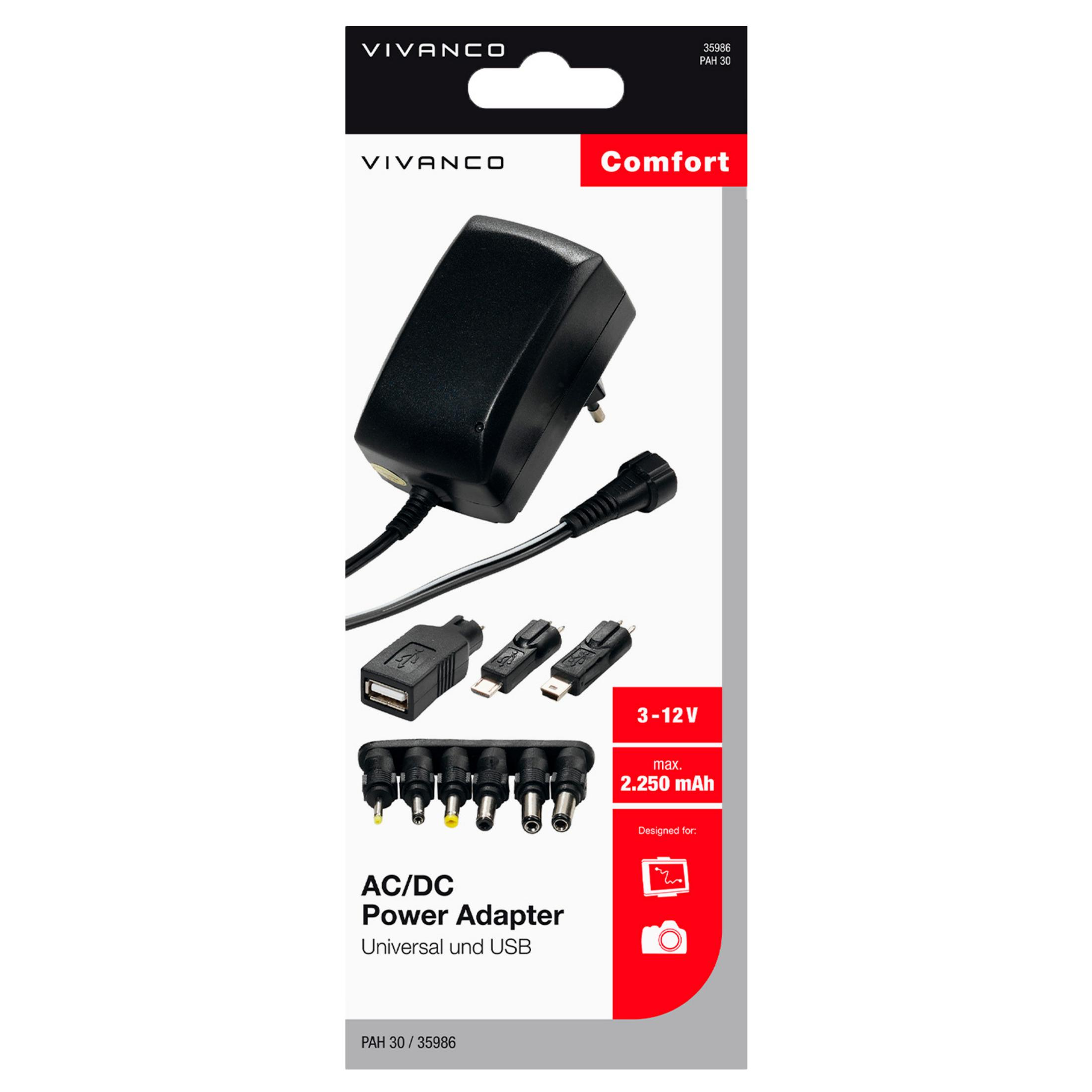 Adaptador de corriente AC/DC Vivanco en embalaje con varios conectores.