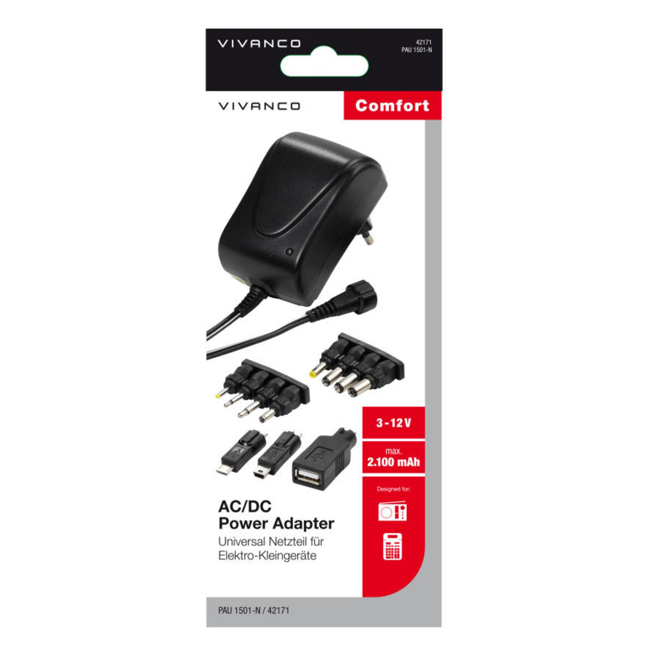 Adaptador de corriente CA/CC Vivanco en su embalaje con varios enchufes.