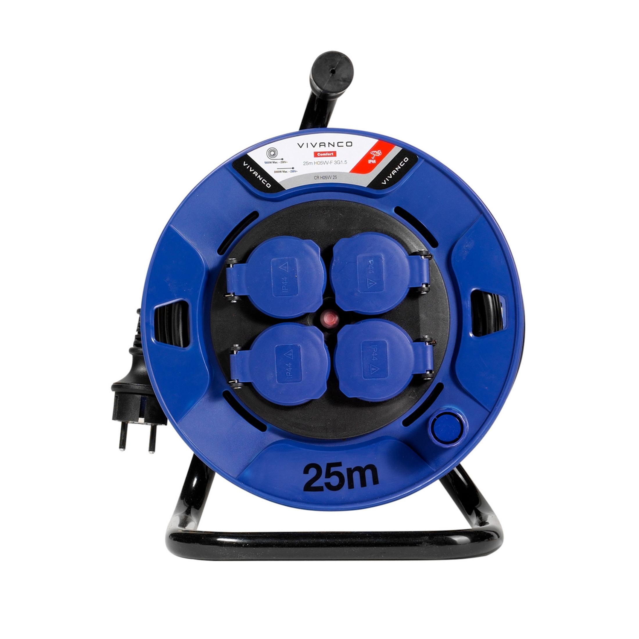Carrete de cable azul de 25 metros con soporte de metal negro y cuatro enchufes.