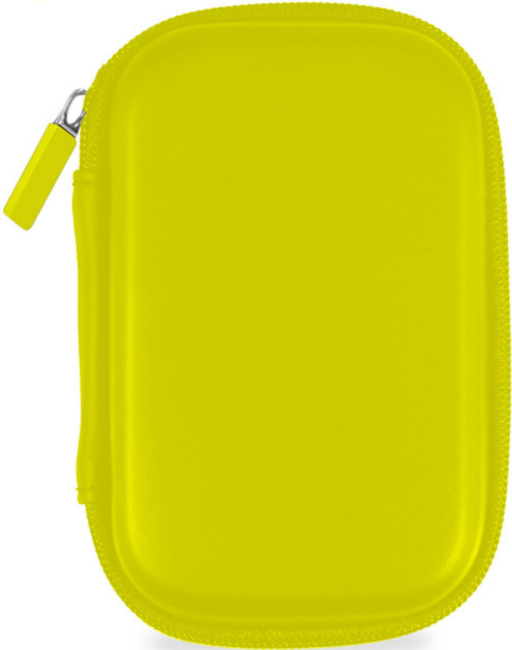 Un estuche rígido rectangular de color amarillo con cremallera sobre fondo blanco.