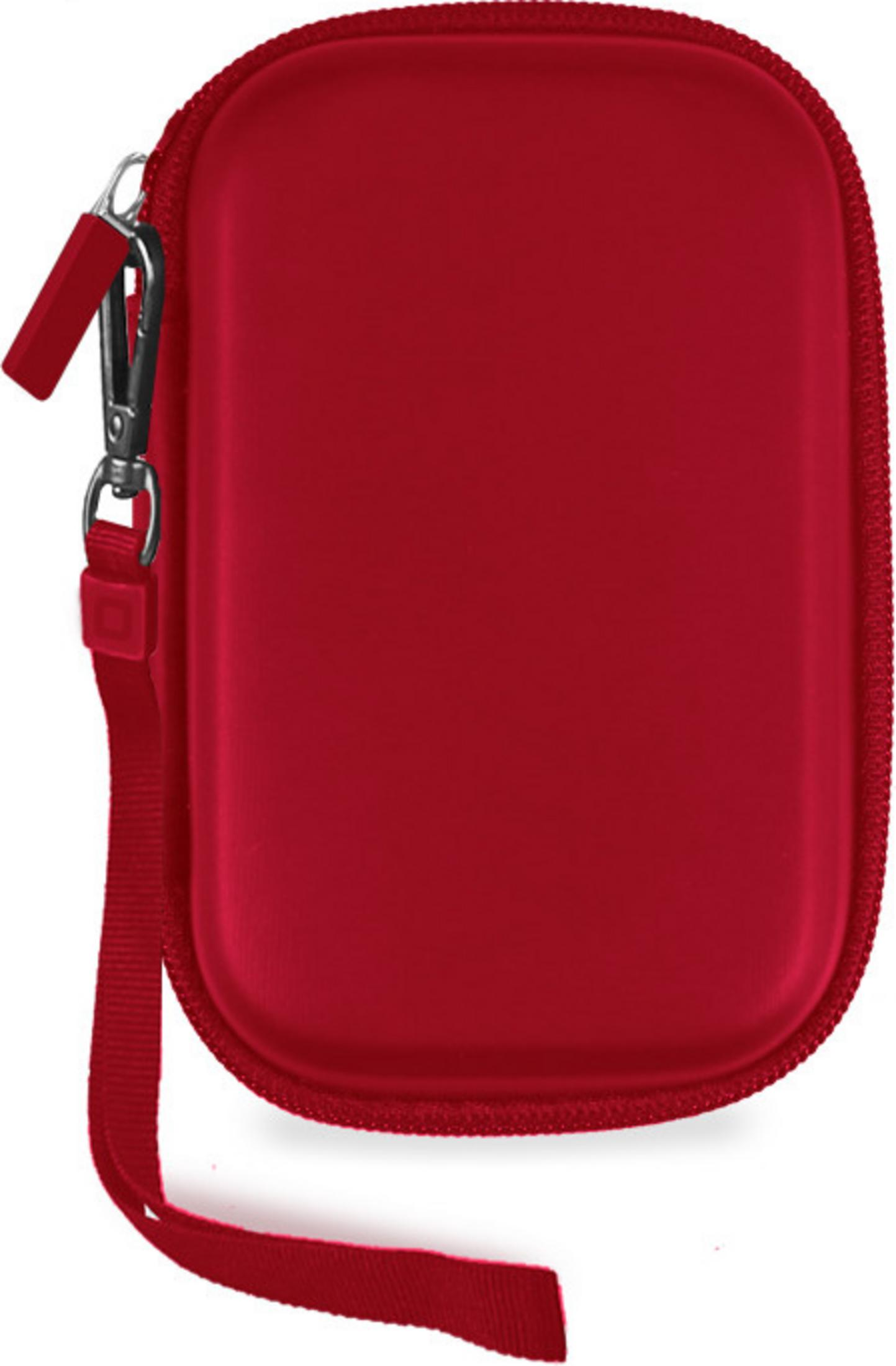 Un estuche protector rígido rojo con cremallera y una correa de muñeca roja a juego sujeta por un clip de metal.
