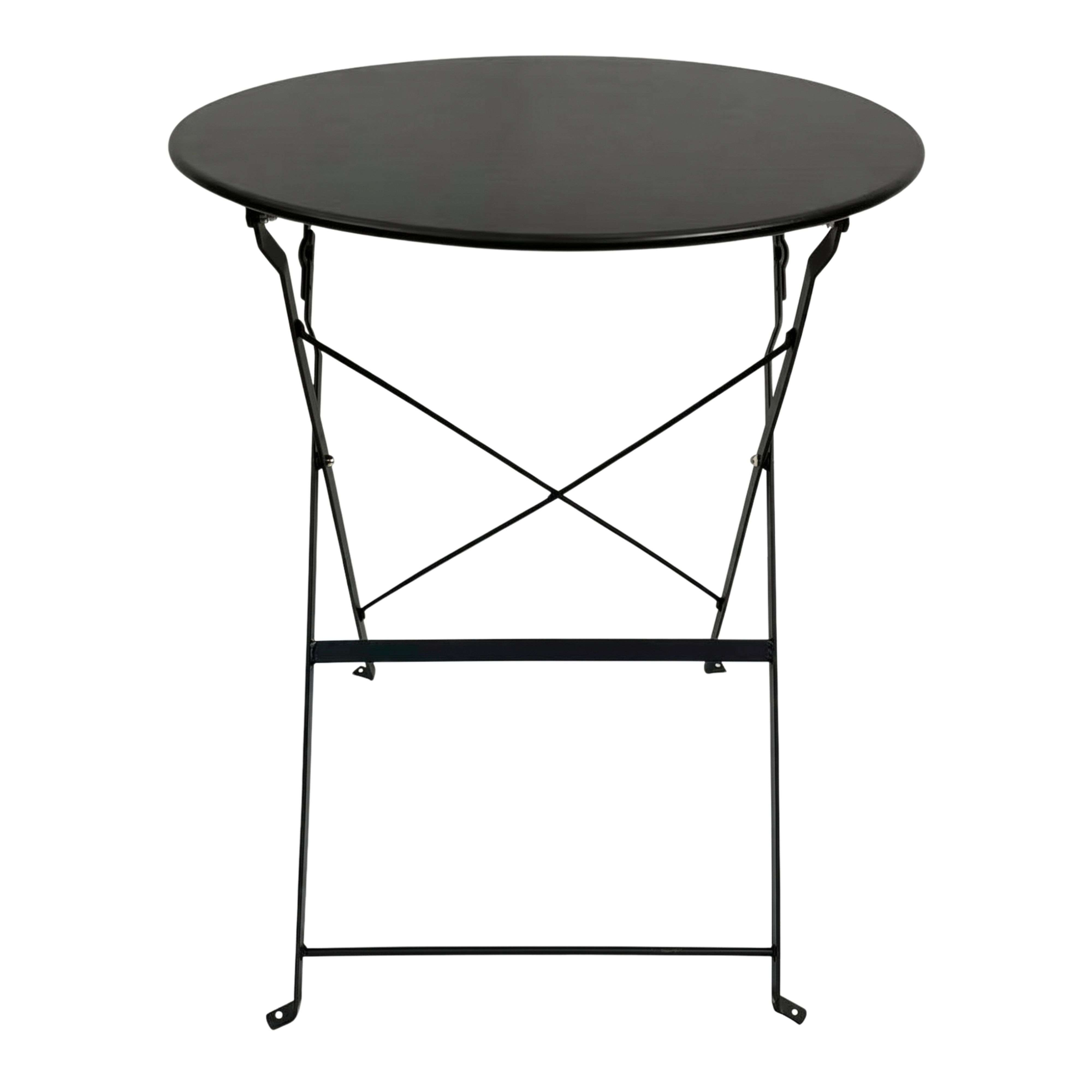 Una mesa plegable redonda y negra con patas de metal sobre fondo blanco.