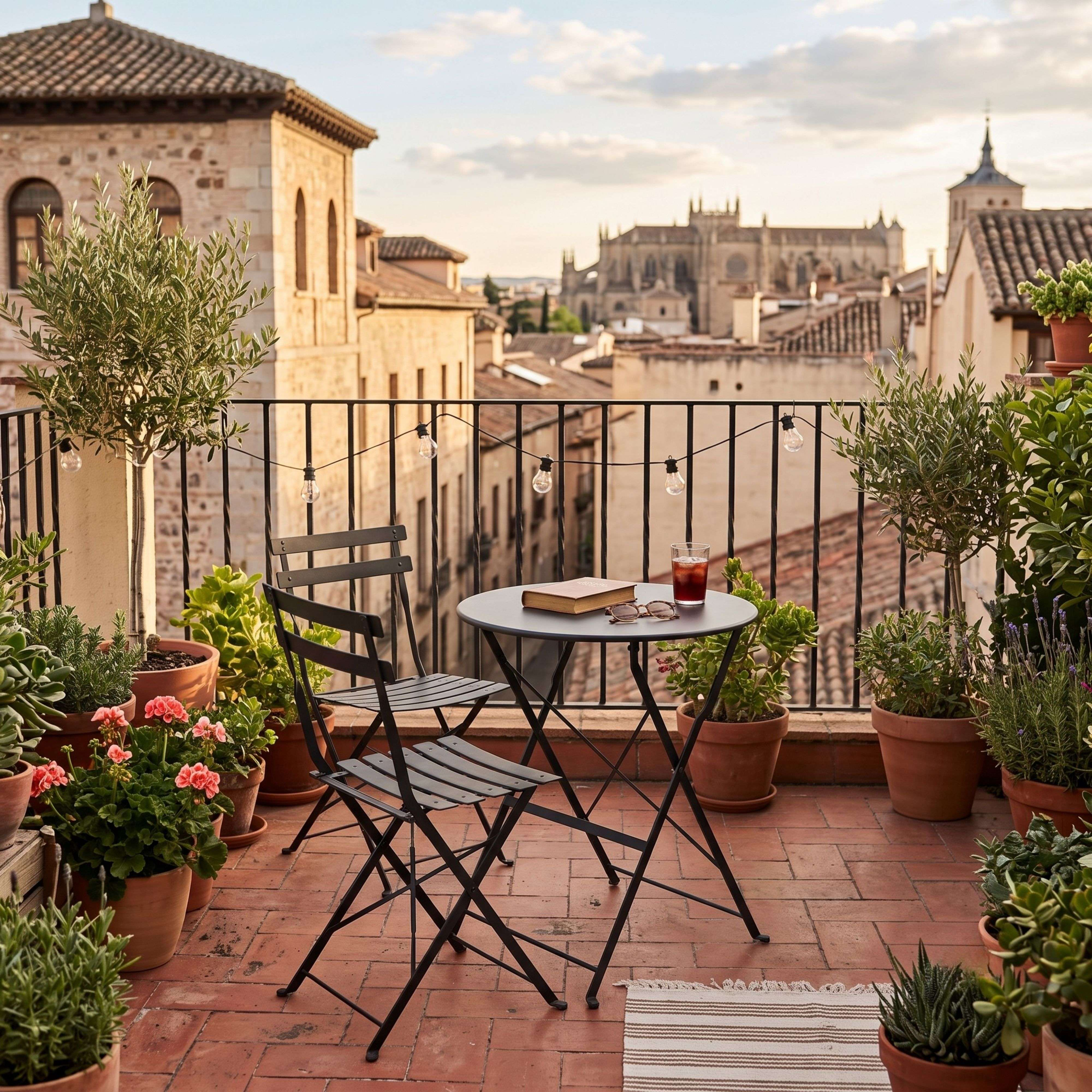 Balcón con mesa, sillas y plantas en maceta con vistas a un casco histórico al atardecer.
