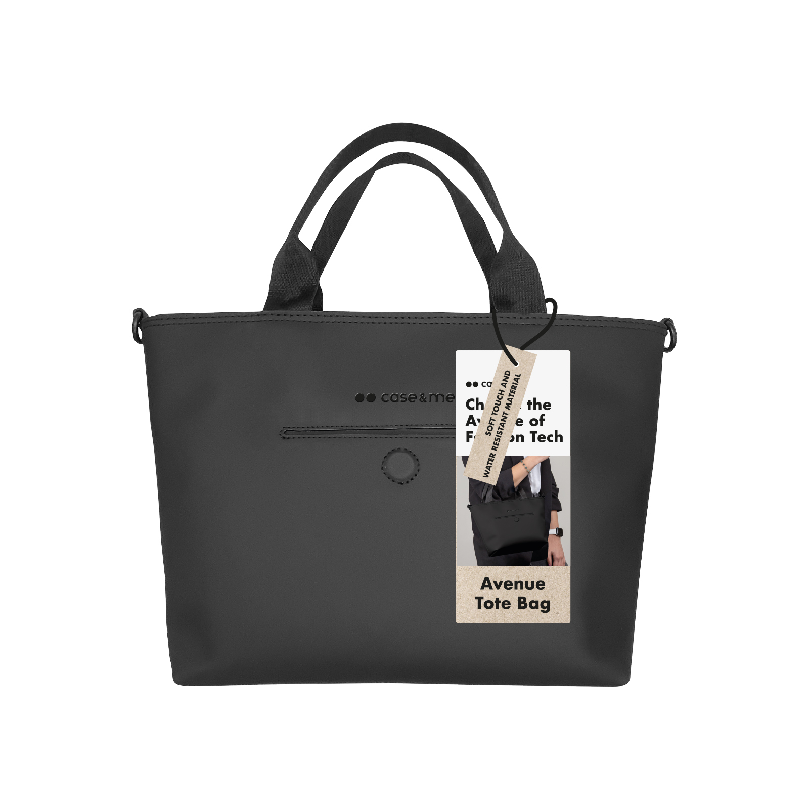Un bolso negro Avenue Tote con asas y una etiqueta de producto.
