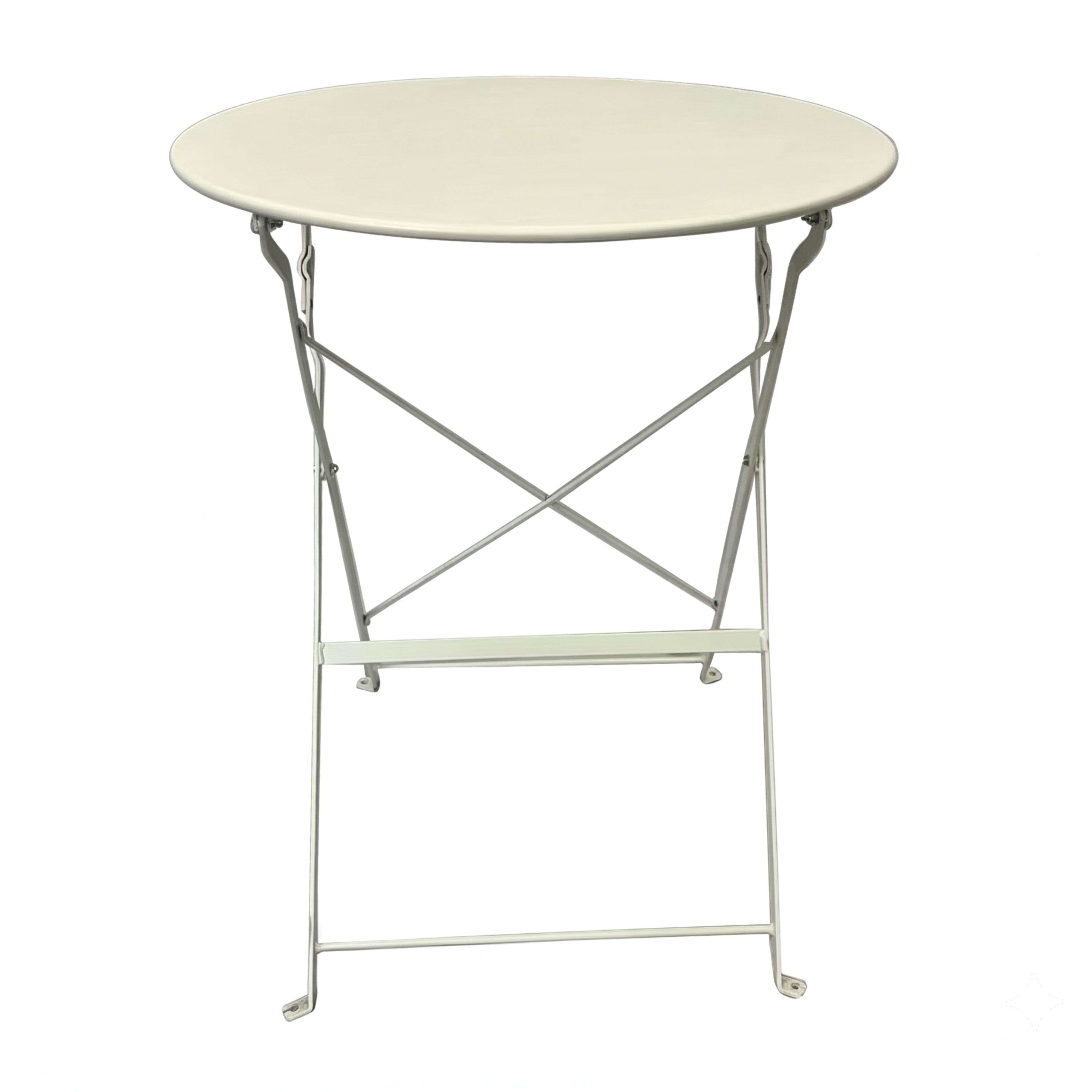 Una mesa plegable redonda de metal blanco con patas cruzadas en X sobre un fondo brillante.