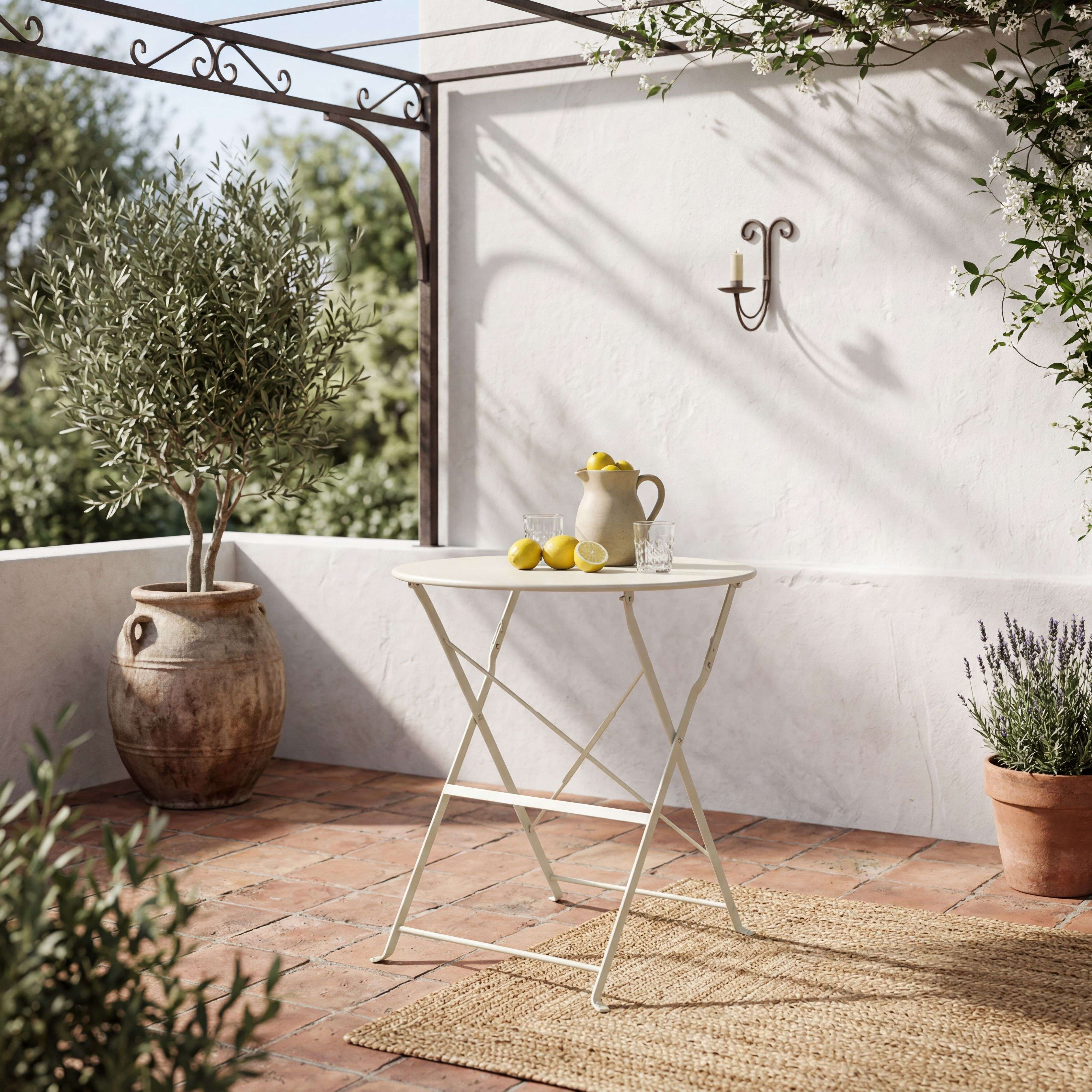 Una mesa blanca en una terraza con limones, jarra, olivo en maceta y portavelas de pared.
