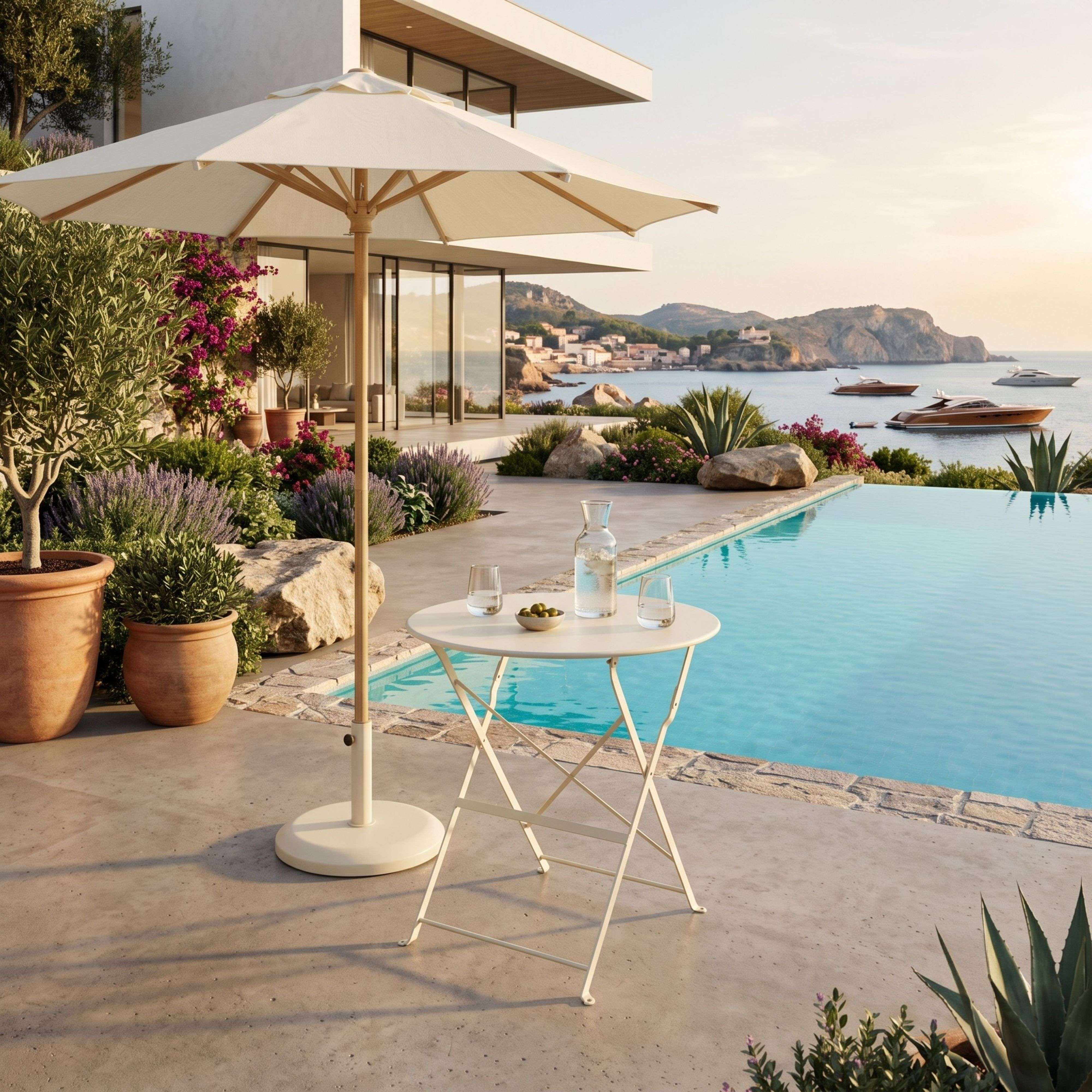 Lujosa terraza con piscina junto al mar, mesa, sombrilla y barcos al fondo.