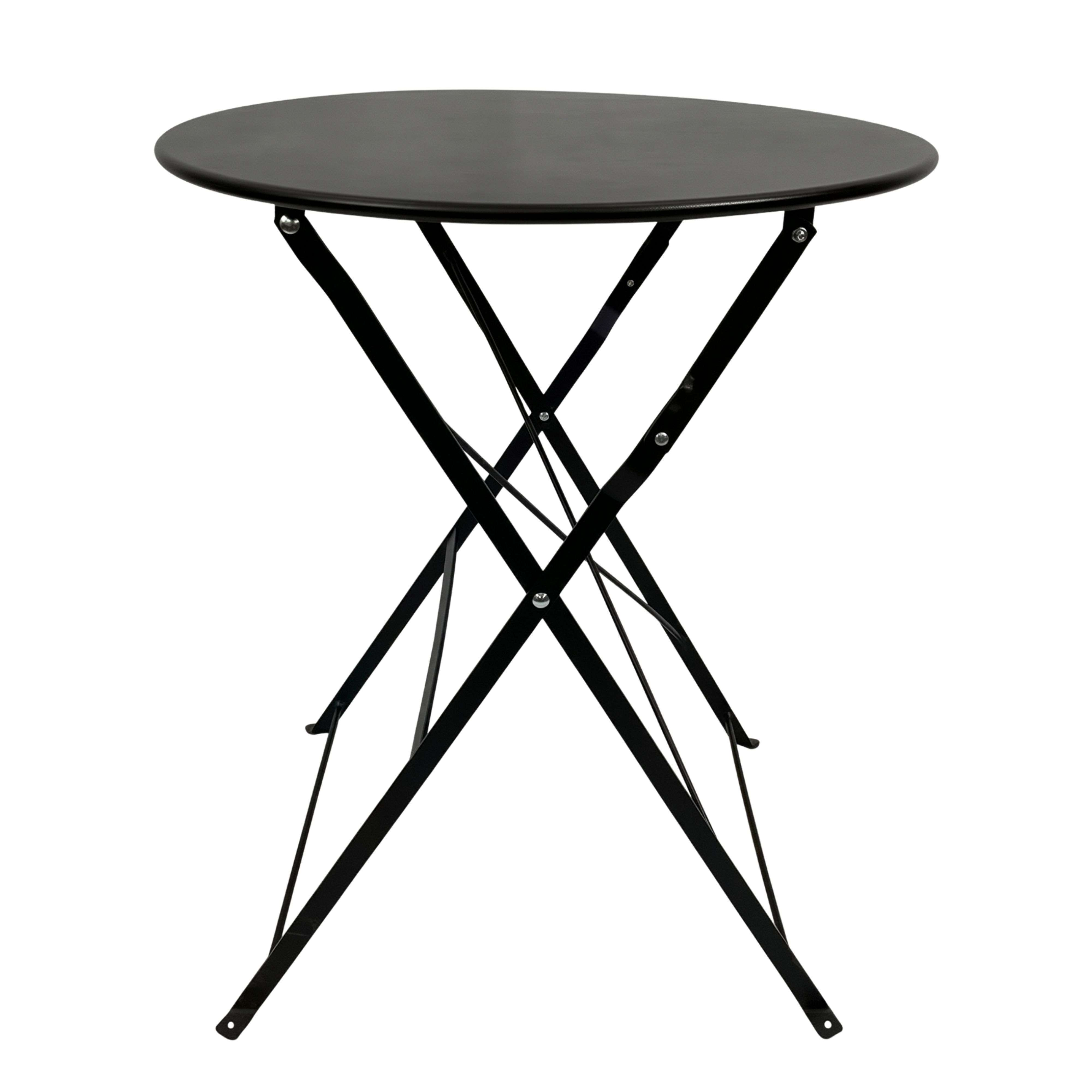 Una mesa plegable redonda negra con patas de metal sobre fondo blanco.