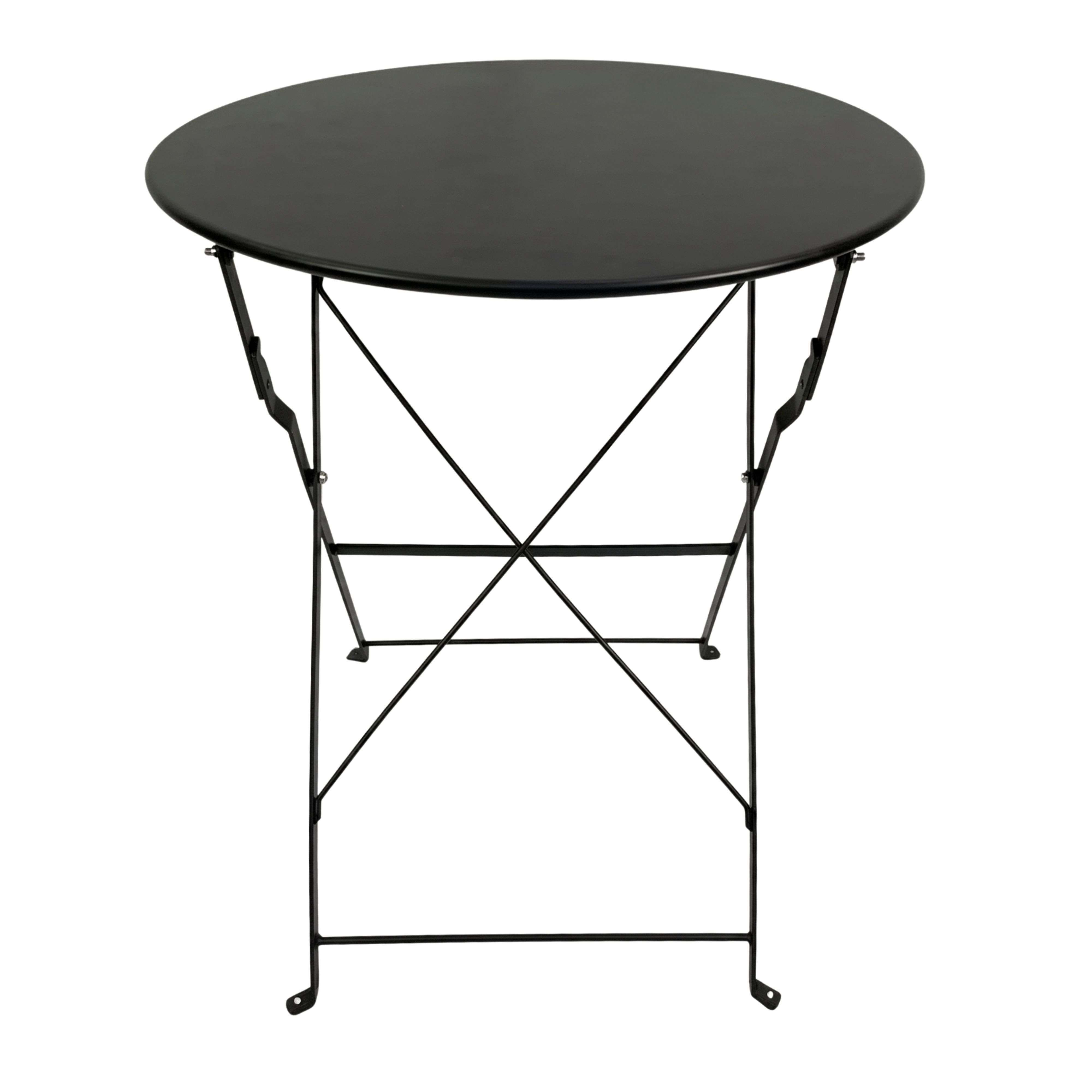 Una mesa plegable redonda y negra con estructura metálica sobre fondo blanco.