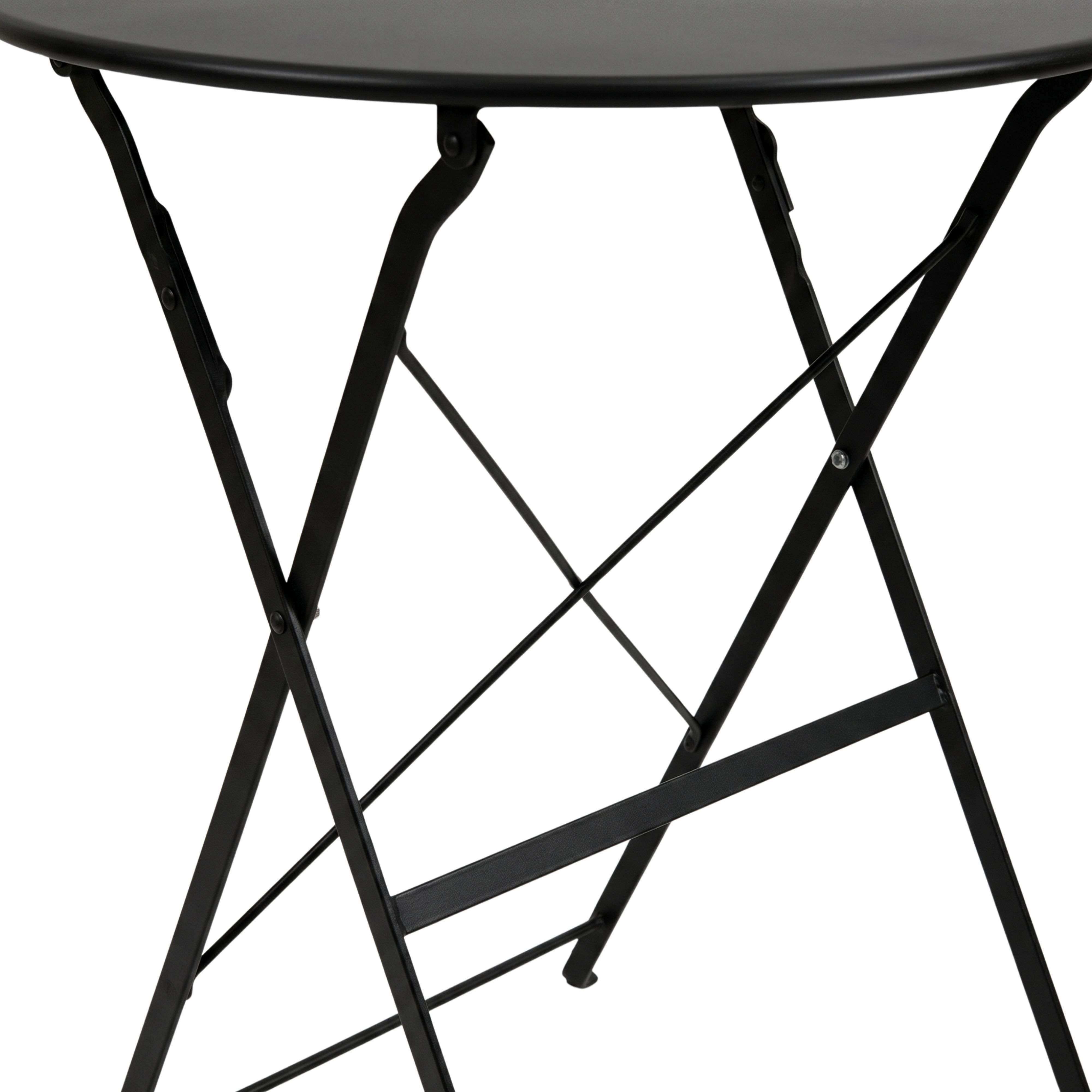 Una mesa plegable negra con marco de metal sobre fondo blanco.
