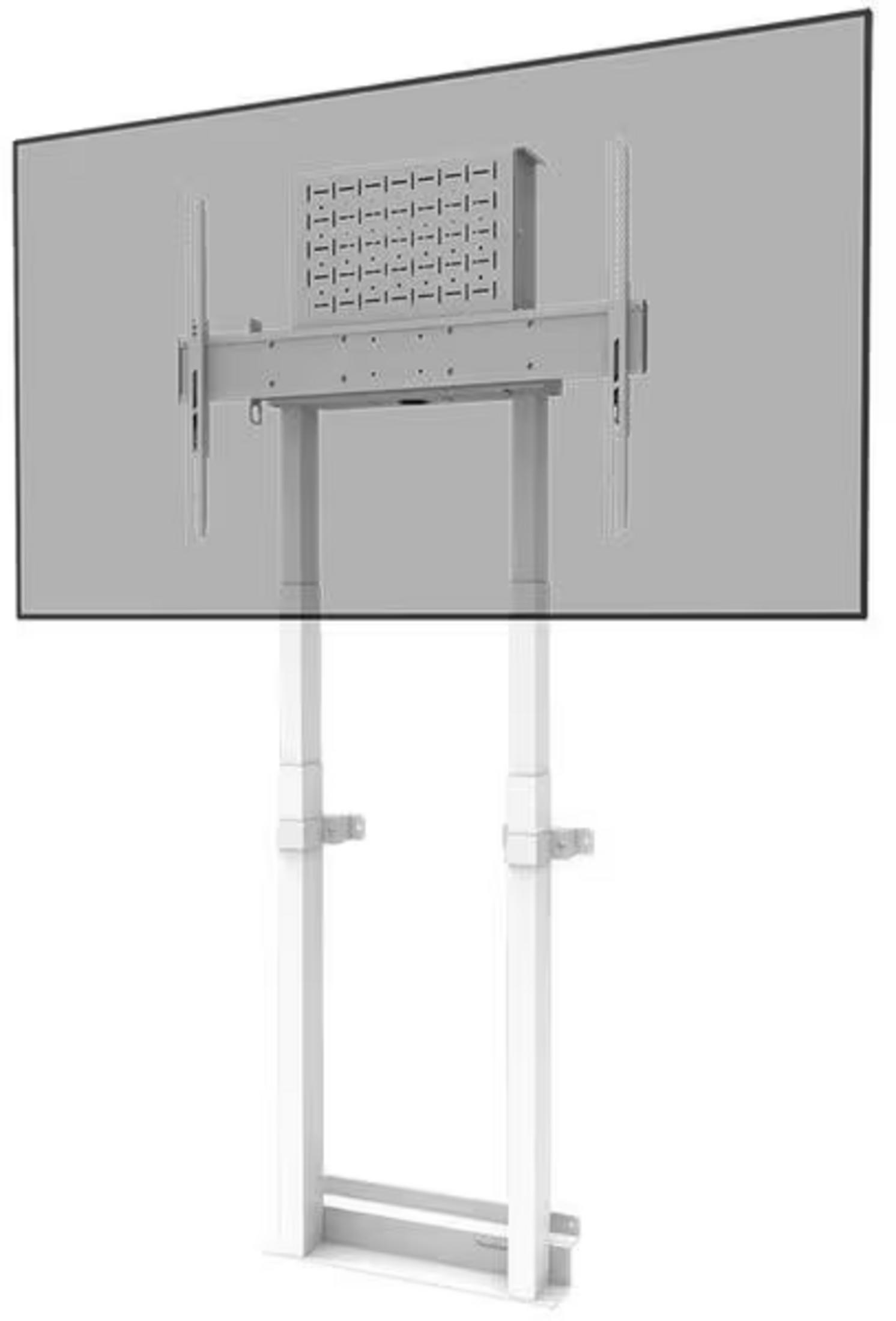 Un soporte de TV blanco ajustable en altura con soporte montado y pantalla gris.