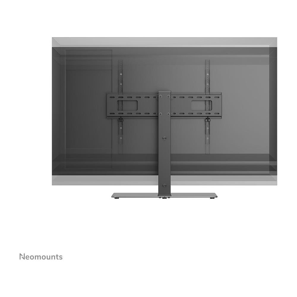 Vista posteriore di una TV a schermo piatto grigia con supporto da scrivania regolabile e logo Neomounts.