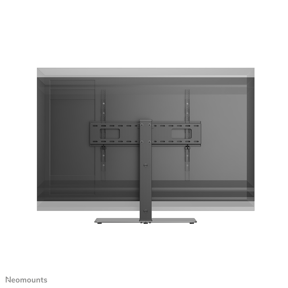 Vista posteriore di una TV montata su un elegante supporto da tavolo grigio scuro.