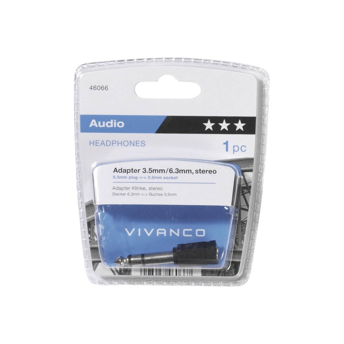 Adaptador de audio Vivanco envasado, estéreo de 3,5 mm a 6,3 mm.