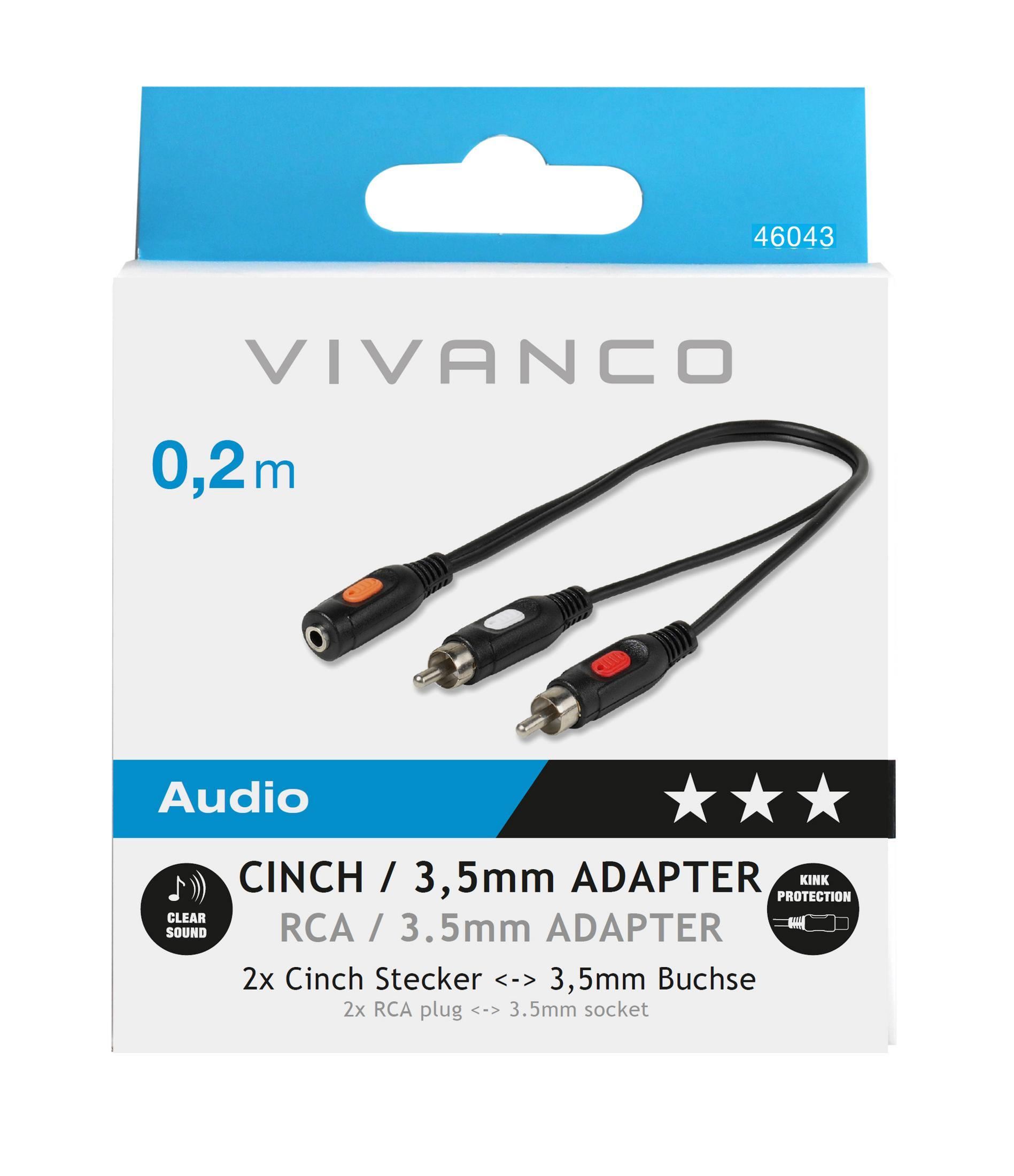 Cable de audio Vivanco en su embalaje, de 0,2 metros, con dos conectores RCA y una toma de 3,5 mm.