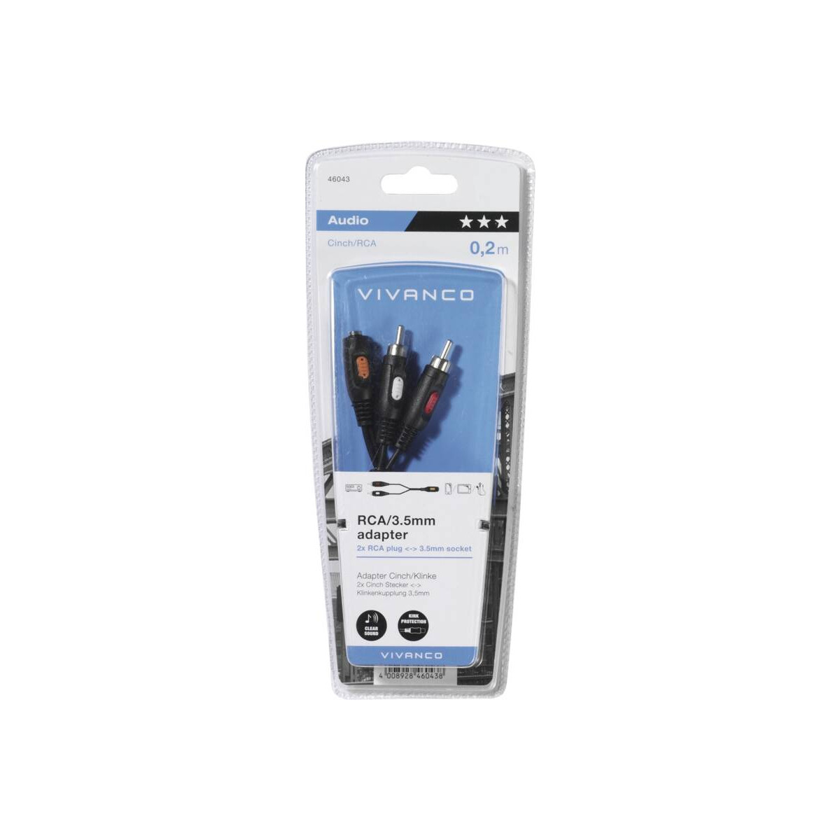 Blister que contiene un cable adaptador de audio RCA a 3,5 mm de Vivanco sobre fondo blanco y azul.