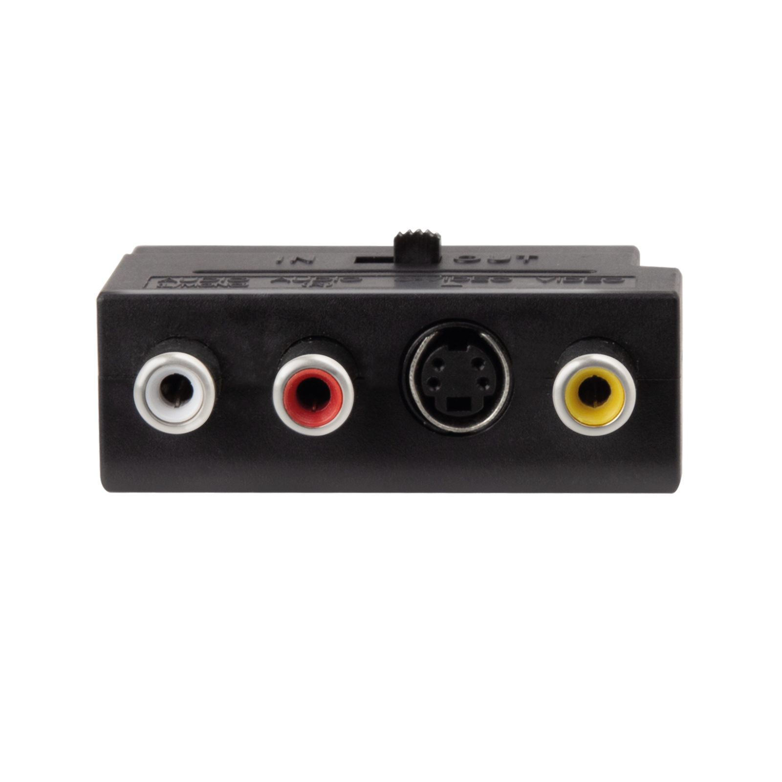 Un adattatore audio-video nero con porte RCA bianche, rosse e gialle, una porta S-video e un interruttore superiore.