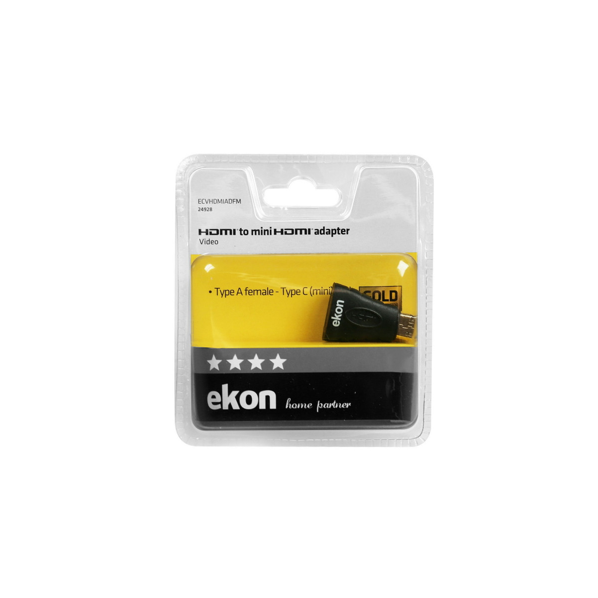 Adaptador HDMI a mini HDMI en su embalaje original sobre fondo blanco.