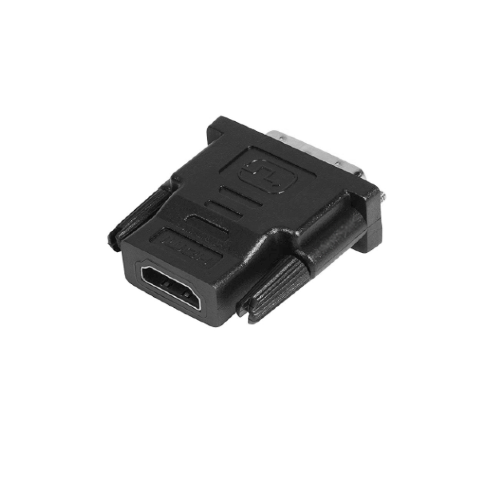 Un adaptador negro de DVI a HDMI sobre fondo blanco.