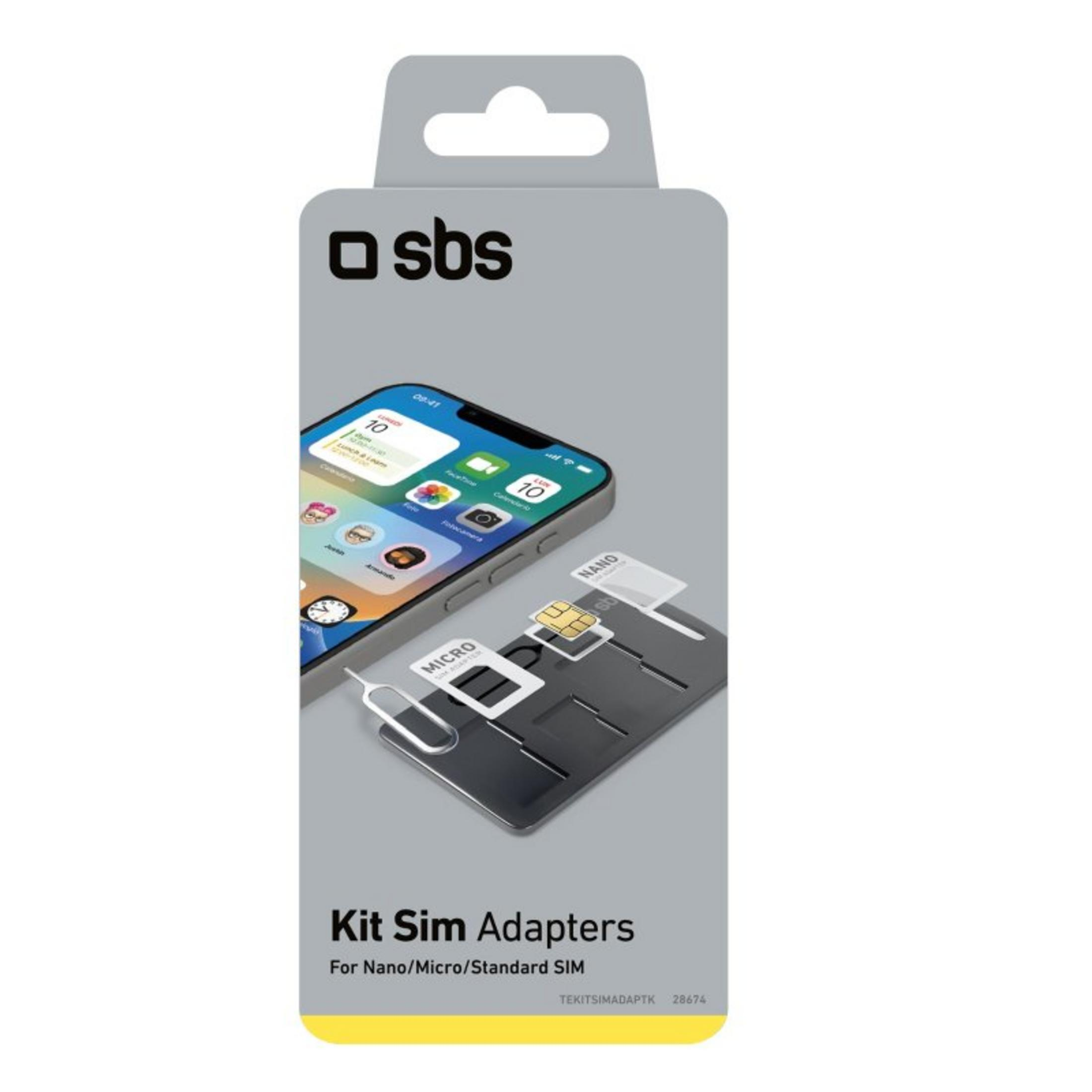 Embalaje de un kit adaptador SIM SBS con tarjetas SIM, adaptadores y herramienta eyectora.