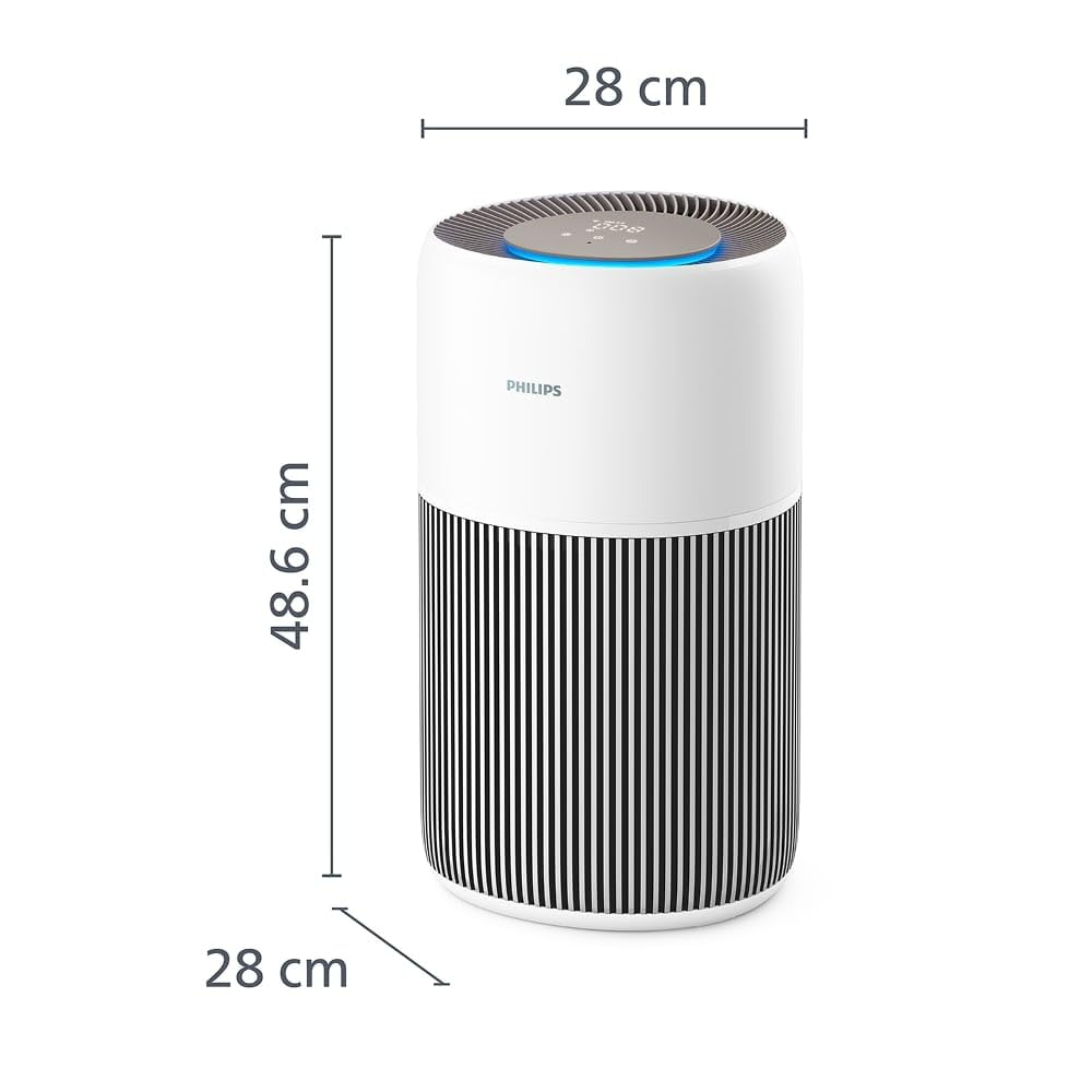 Weiß-schwarzer Philips Luftreiniger mit Maßpfeilen für 28 cm Breite und 48,6 cm Höhe.