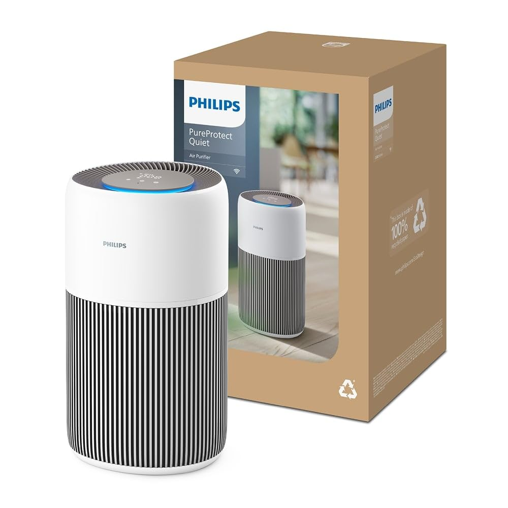 Ein weißer Philips Luftreiniger mit gestreiftem Filter steht vor seiner braunen Produktverpackung.