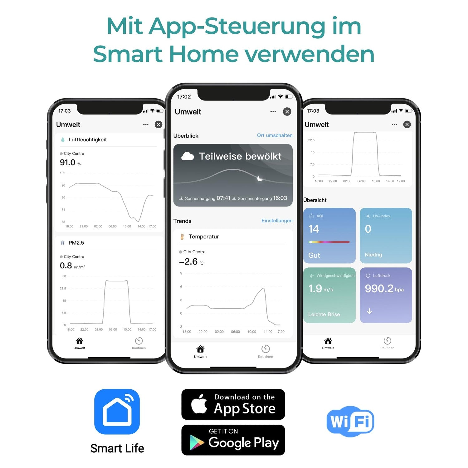 Drei Smartphones zeigen eine Smarthome-App mit Wetterdaten und Graphen.