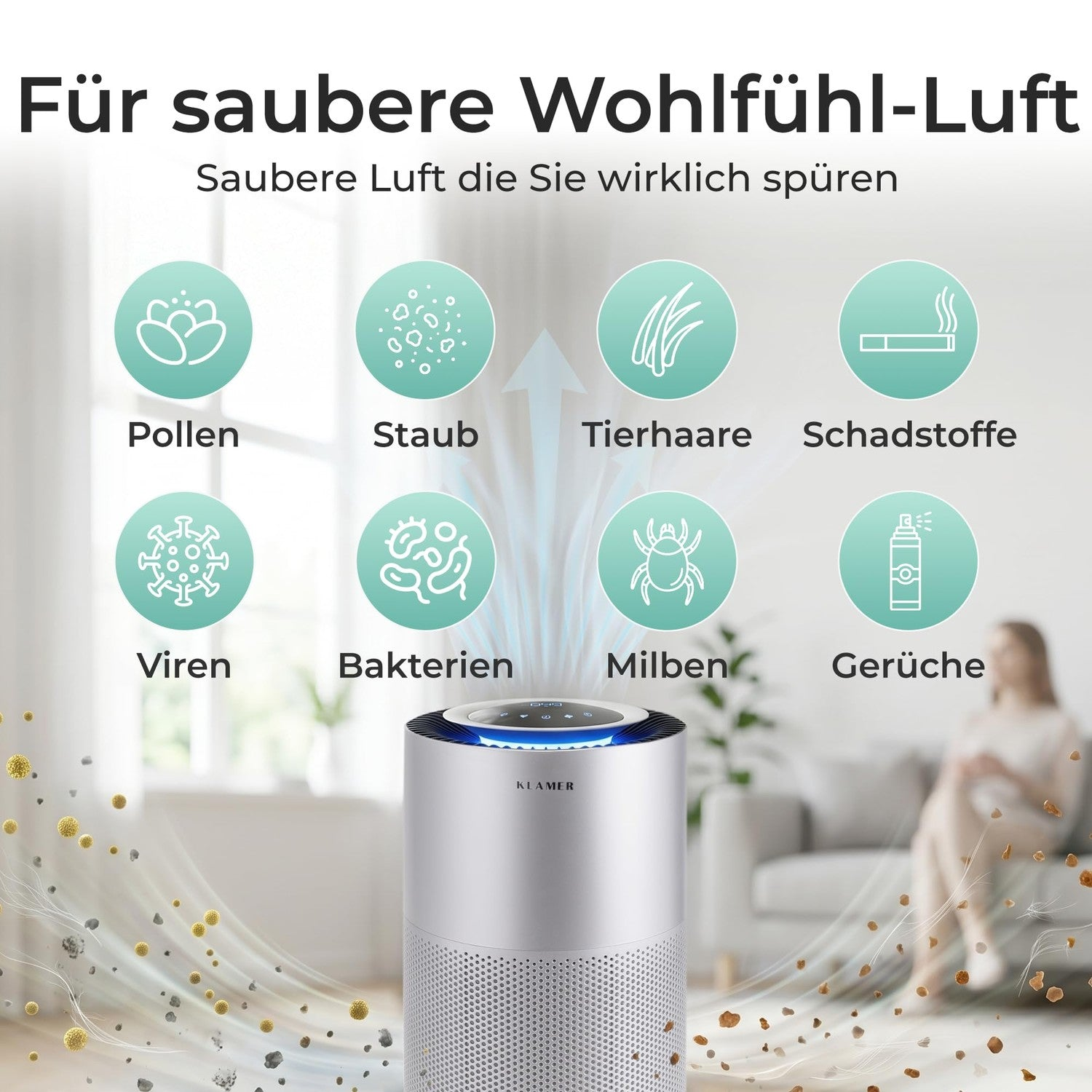 Luftreiniger im Raum mit Symbolen für Pollen, Staub, Tierhaare, Schadstoffe, Viren, Bakterien, Milben und Gerüche.