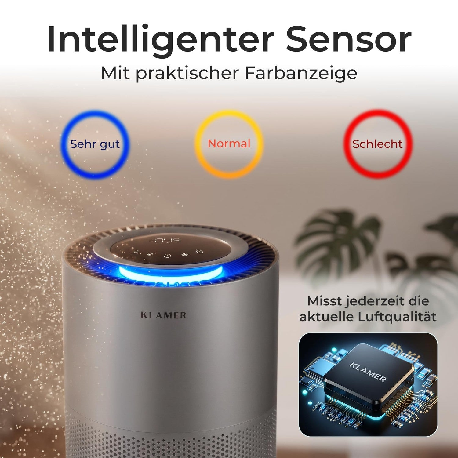 Grauer Luftreiniger mit blauem LED-Licht und Farbindex für Luftqualität.