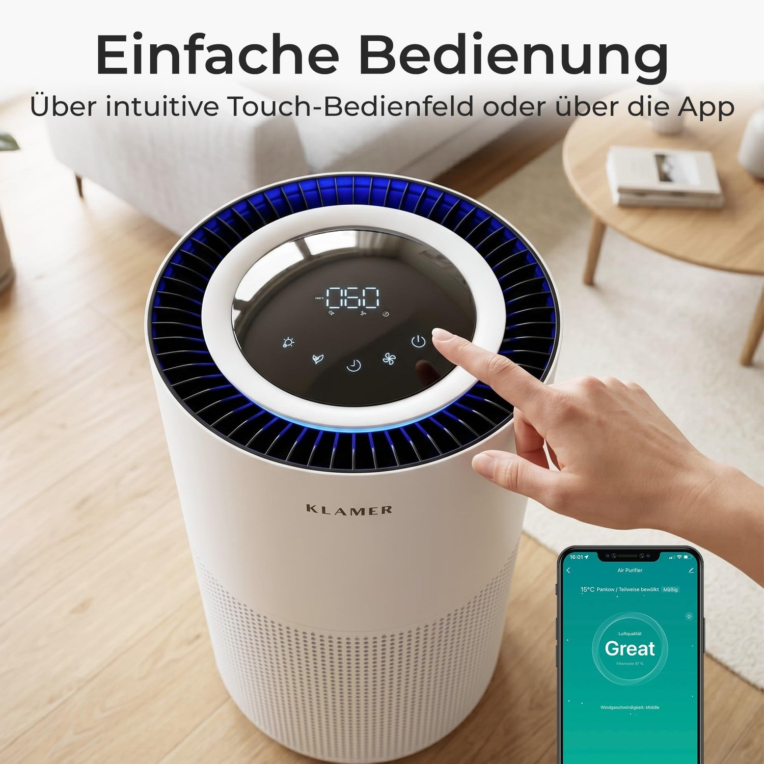 Hand bedient runden weißen Klamer Luftreiniger mit Touch-Display und App.