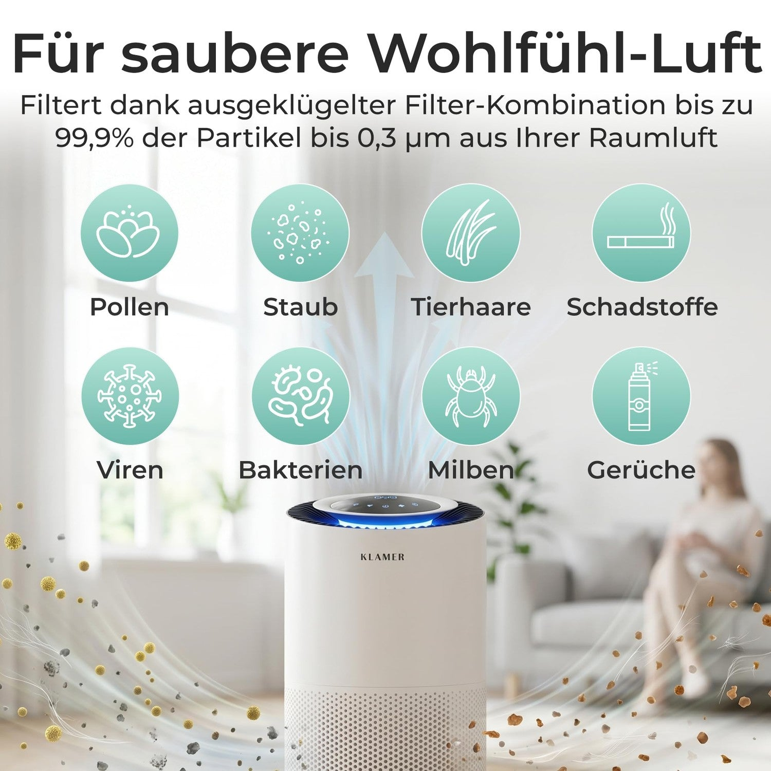 Ein weißer Luftreiniger filtert Schadstoffe wie Pollen, Staub, Viren und Bakterien aus der Raumluft.