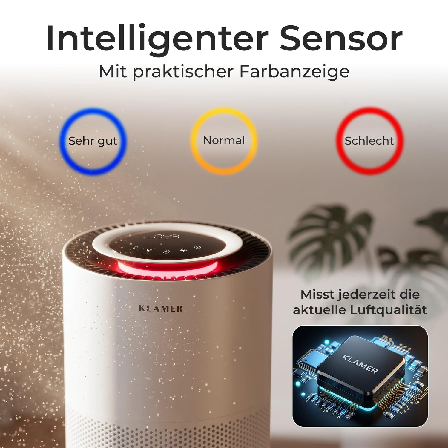 Weißer Klamer Luftreiniger mit rotem Lichtring, Sensoren und deutscher Textgrafik.