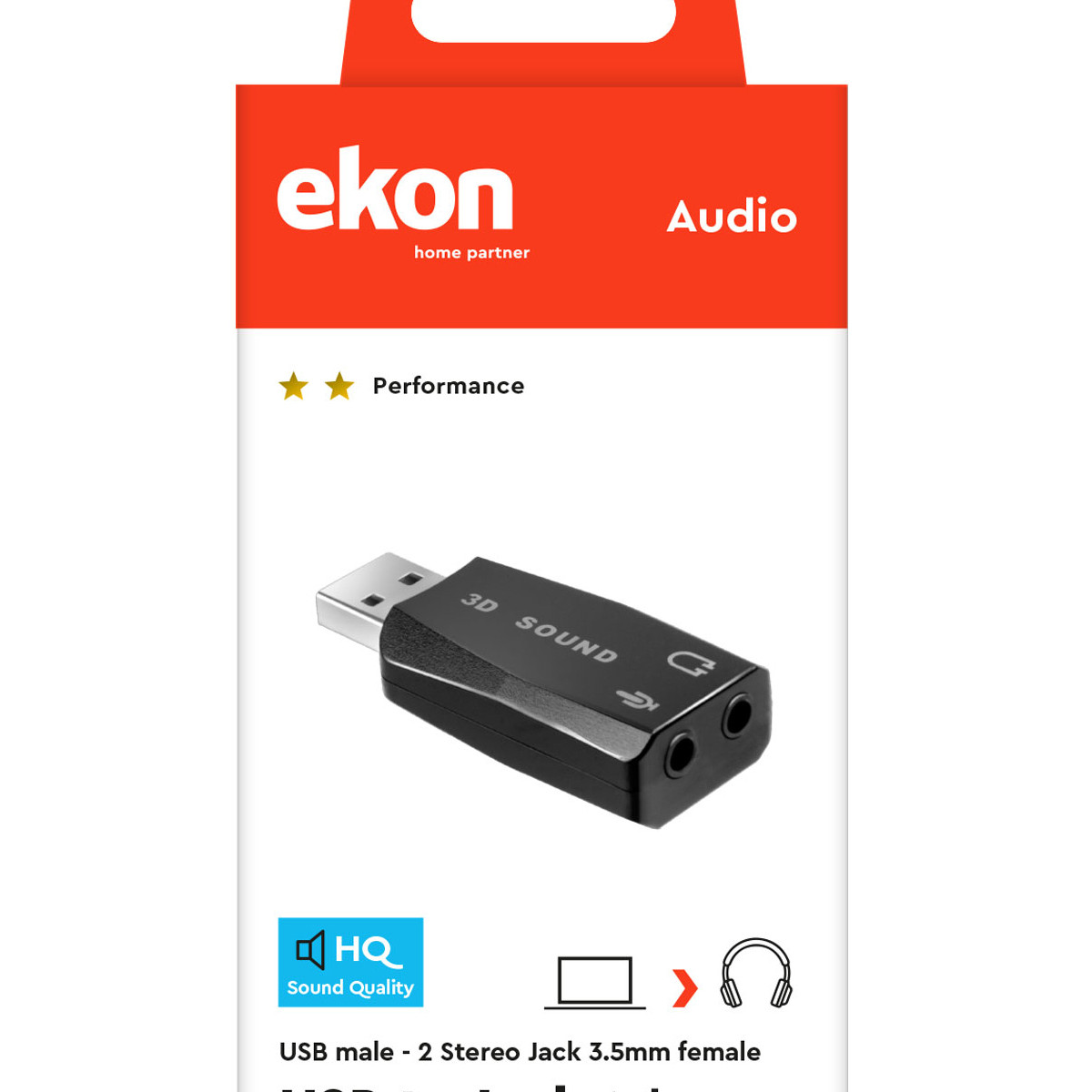 Embalaje del producto Ekon Audio con adaptador USB a jack negro.