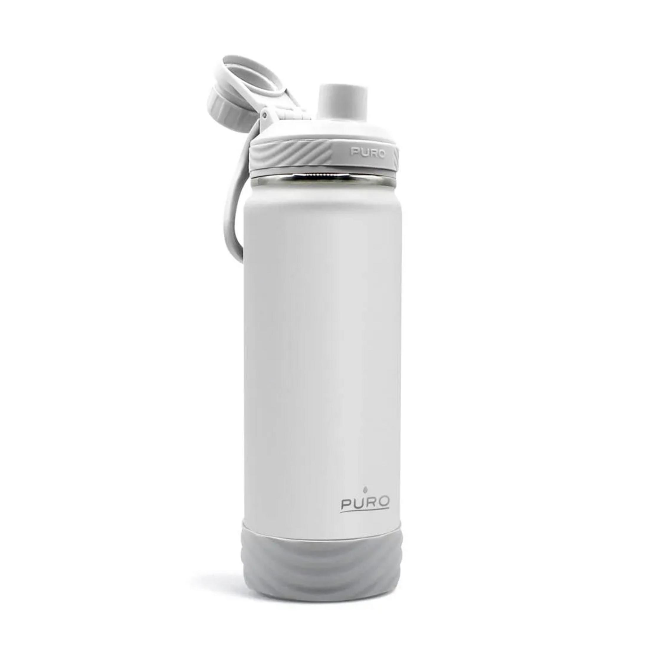 Una botella de agua aislada blanca con tapa gris abierta y base de silicona gris, sobre fondo blanco.