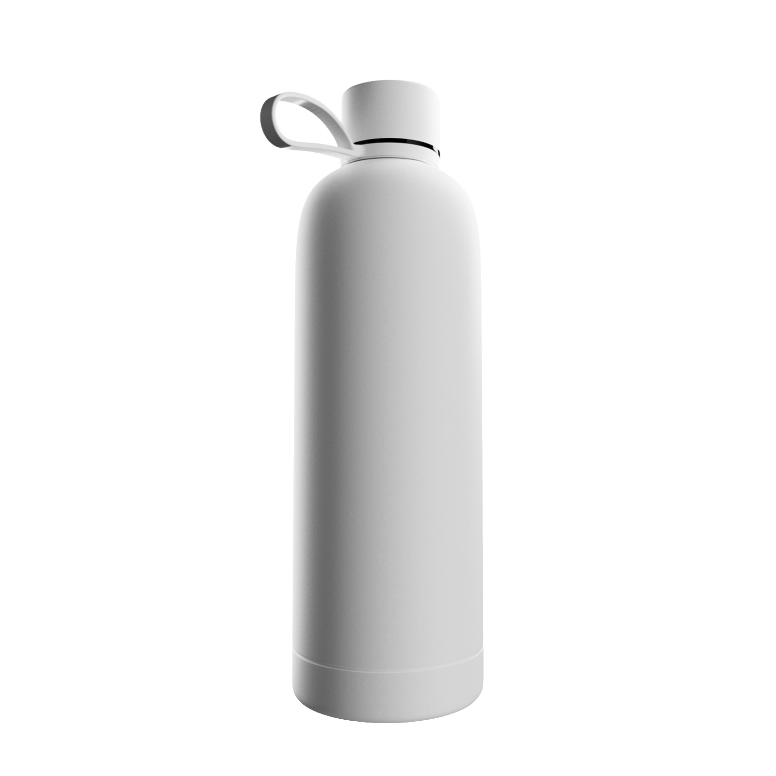 Una botella de agua blanca mate con un asa de transporte en la tapa sobre fondo blanco.