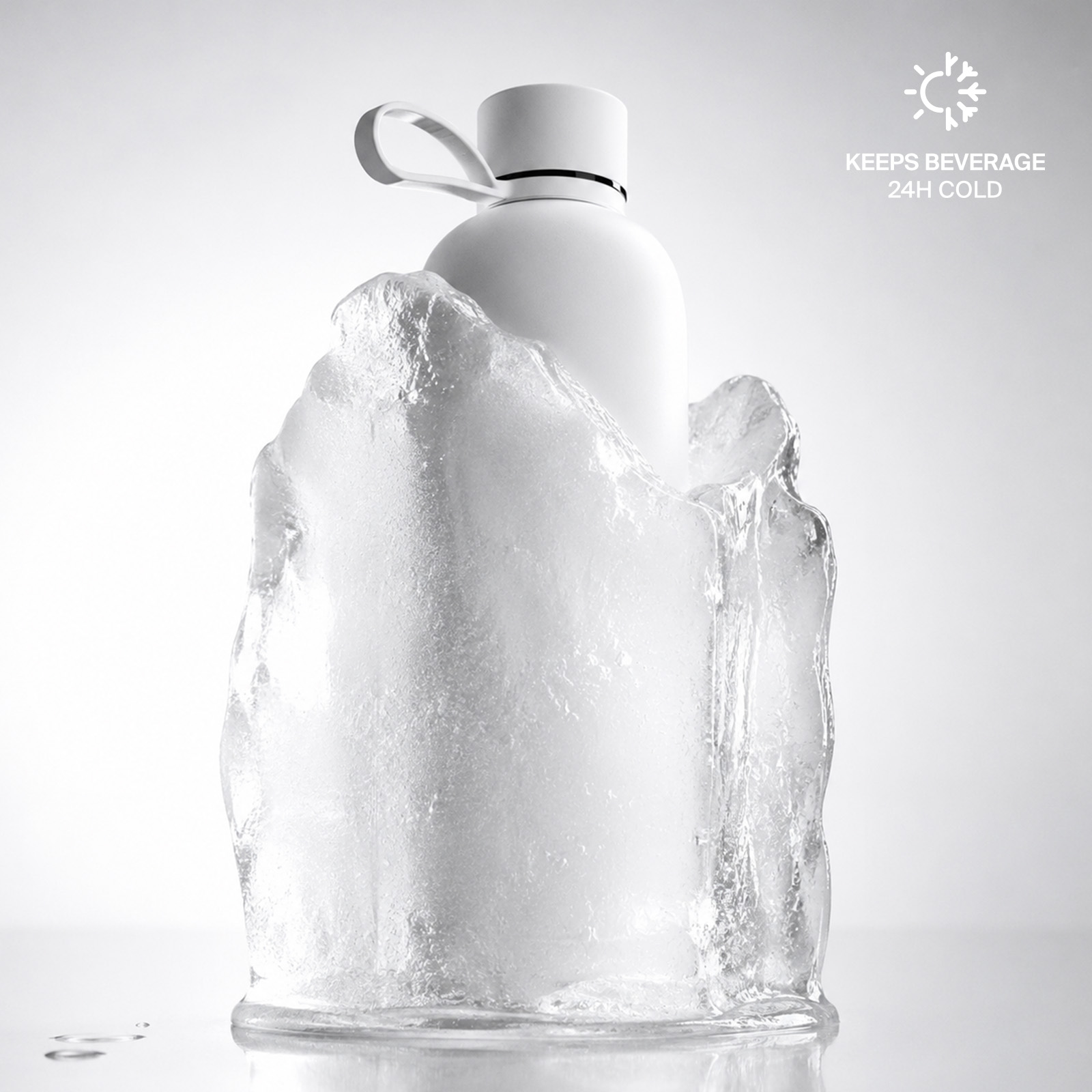 Una botella de agua blanca está incrustada verticalmente dentro de un gran bloque de hielo.