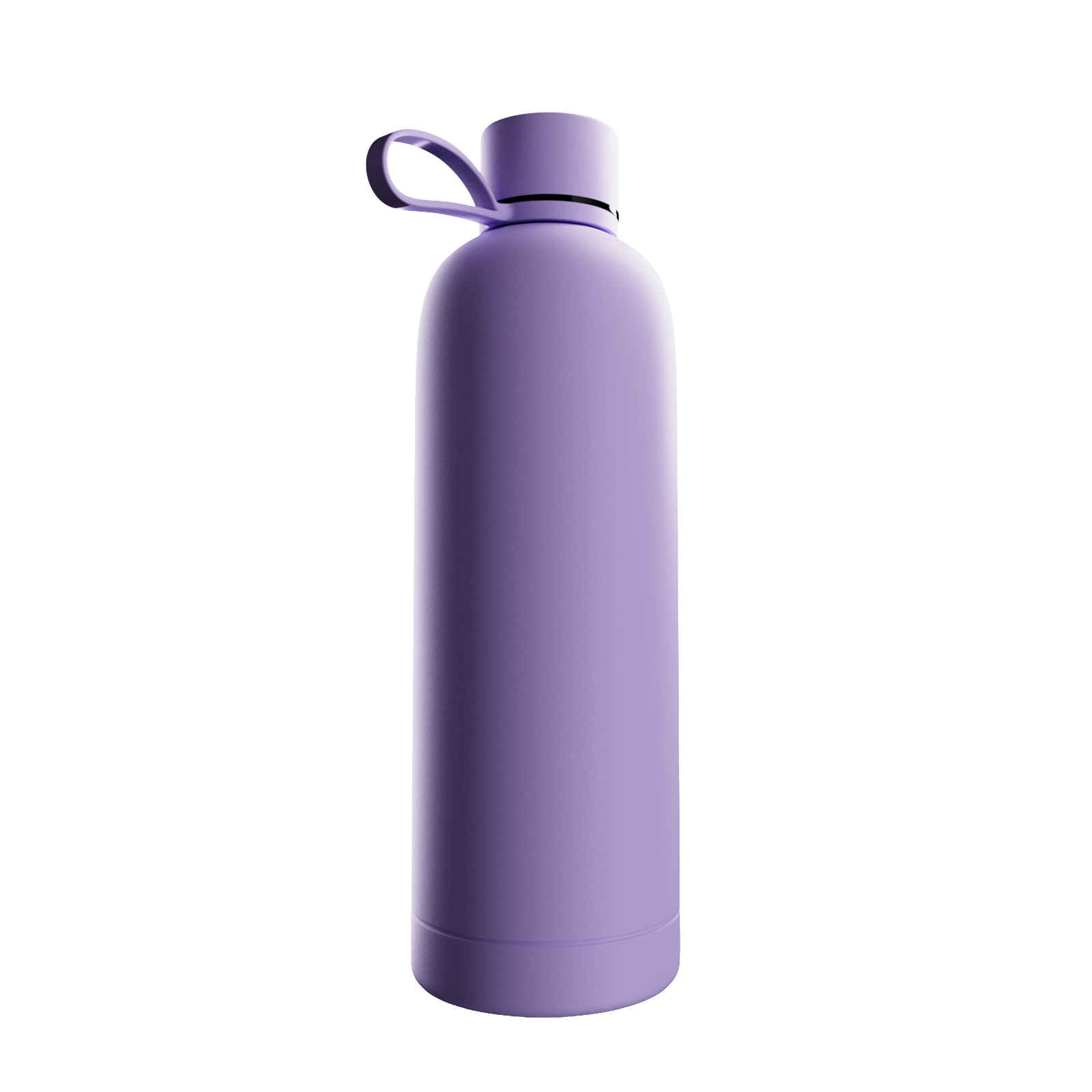 Una botella de agua de color morado mate con tapa y asa de transporte sobre fondo blanco.