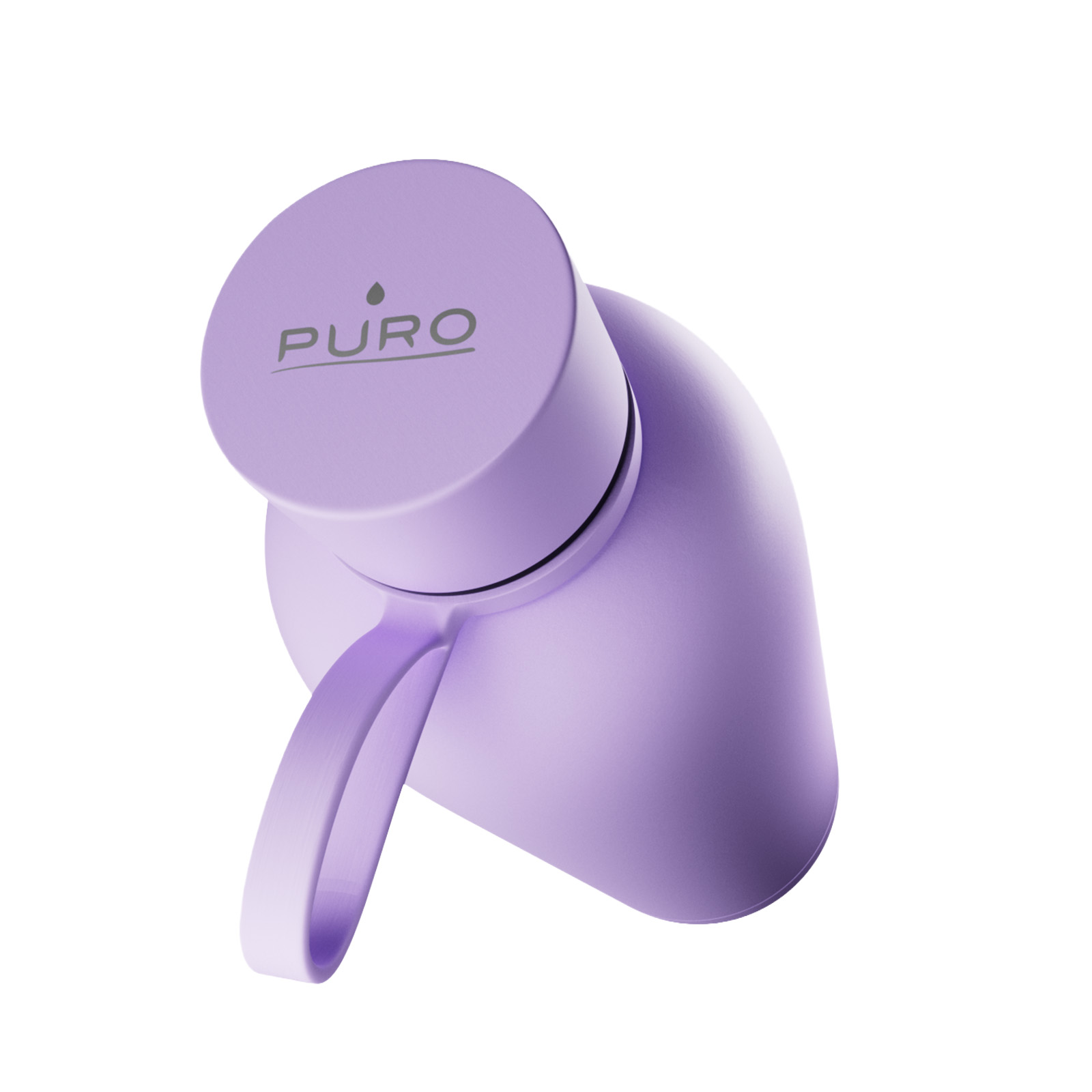 Una botella de agua Puro de color morado claro con correa y tapa, inclinada sobre fondo blanco.