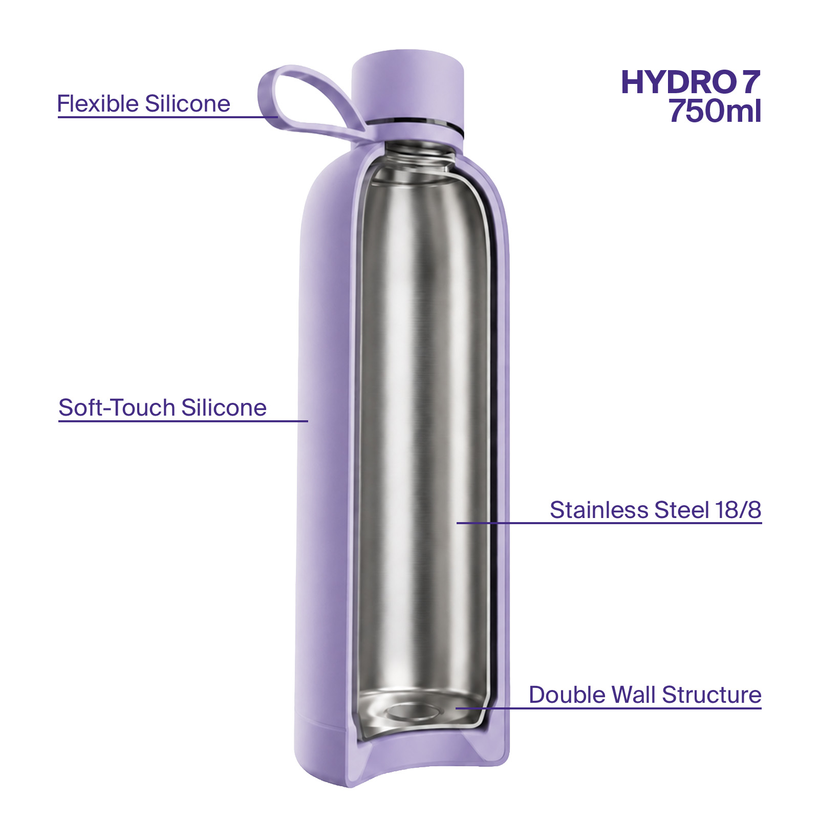Vista de sección de una botella Hydro 7 750ml con interior de acero inoxidable y funda de silicona.