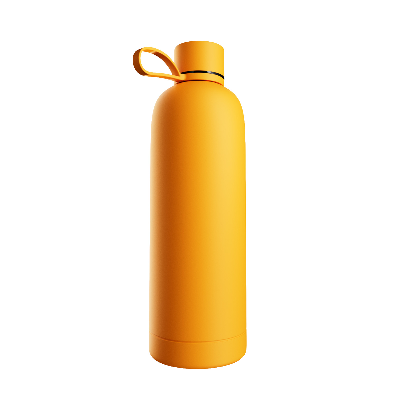 Una botella de agua amarilla mate con un práctico asa de transporte en la tapa sobre fondo blanco.