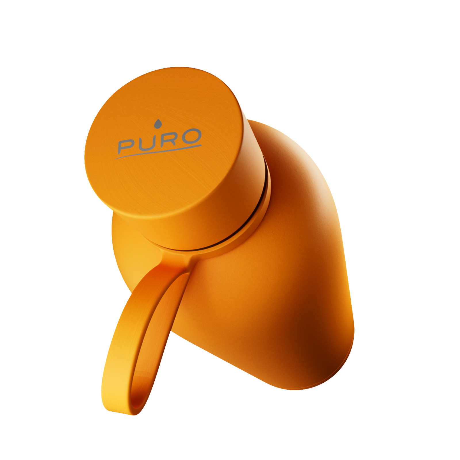 Un termo naranja con tapa y asa sobre fondo blanco.
