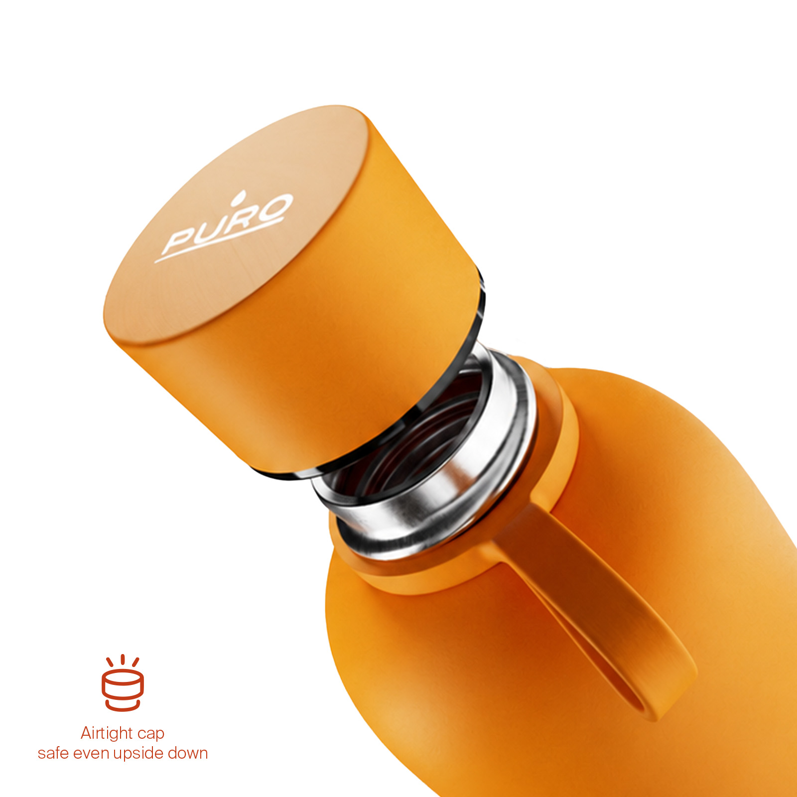 Un termo naranja con tapa a juego desenroscada y etiqueta de texto sobre fondo blanco.