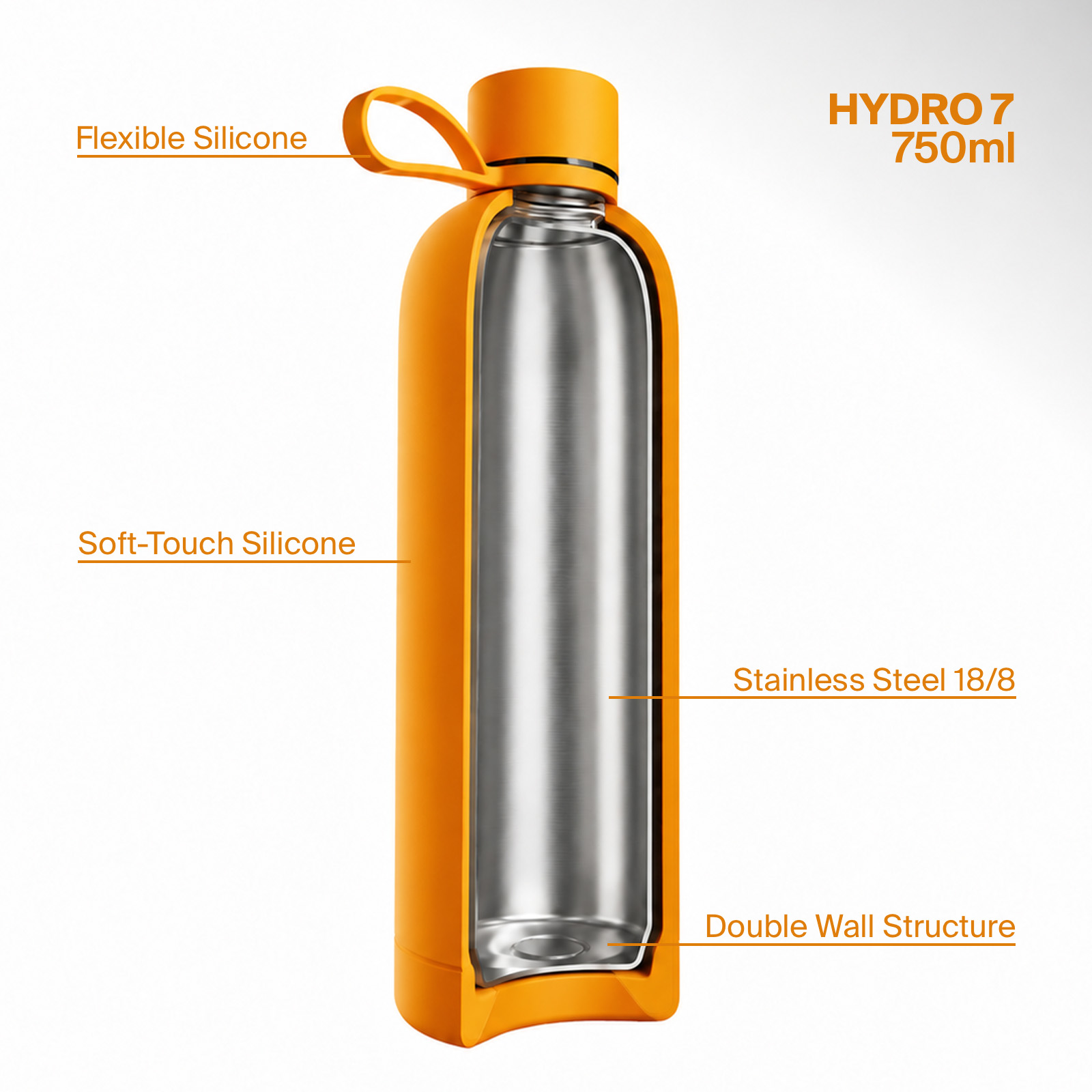 Sección transversal de una botella de agua Hydro 7 de 750 ml naranja con interior de acero inoxidable.