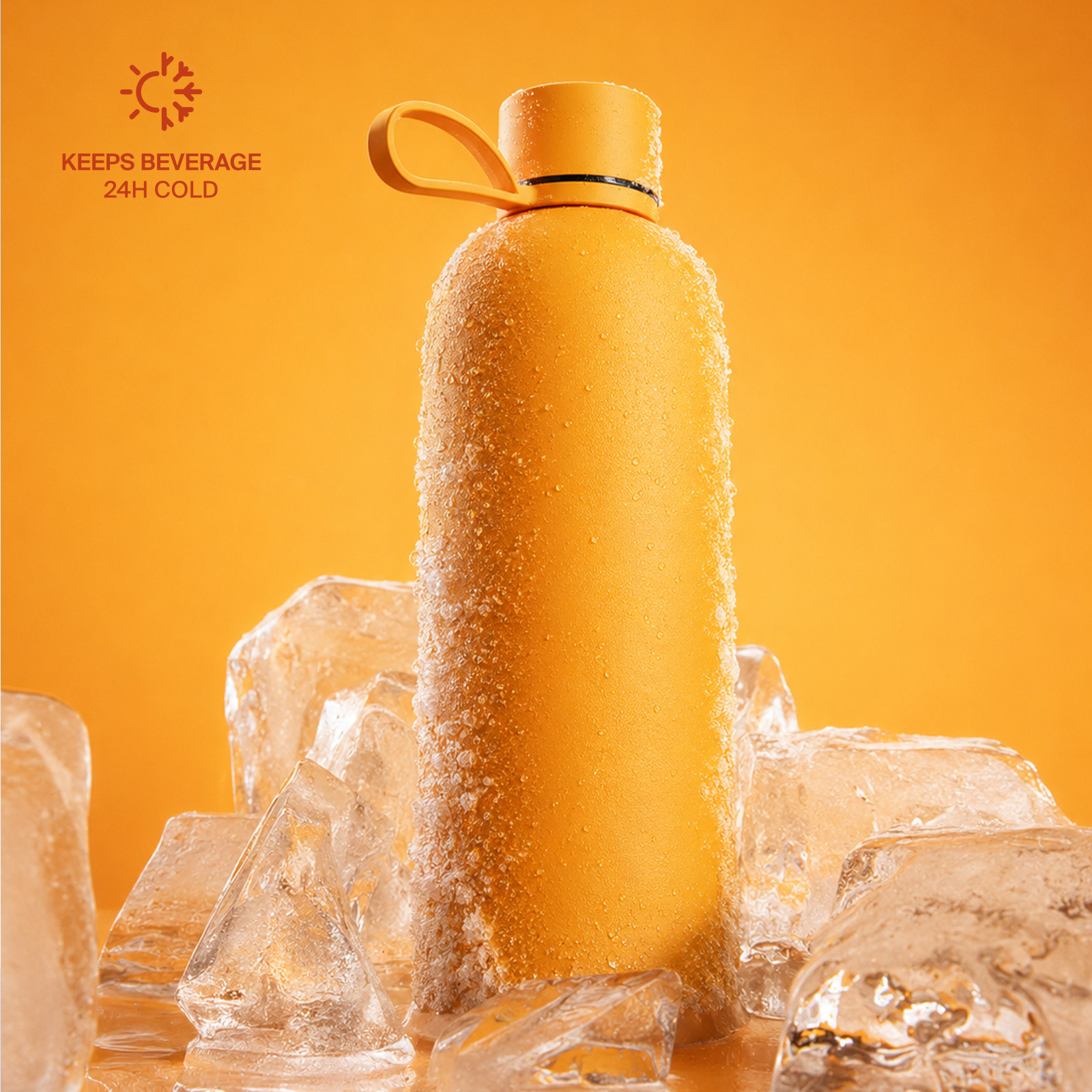 Una botella de agua amarilla fría rodeada de cubitos de hielo sobre fondo naranja.