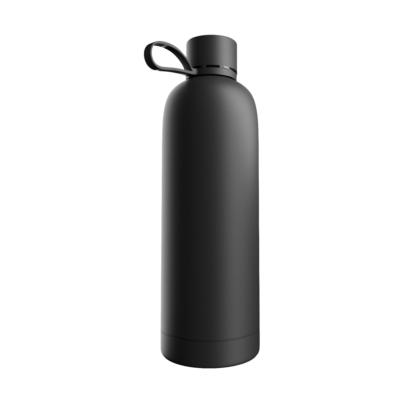 Una botella de agua de acero inoxidable negro mate con tapa negra y asa de transporte sobre fondo blanco.